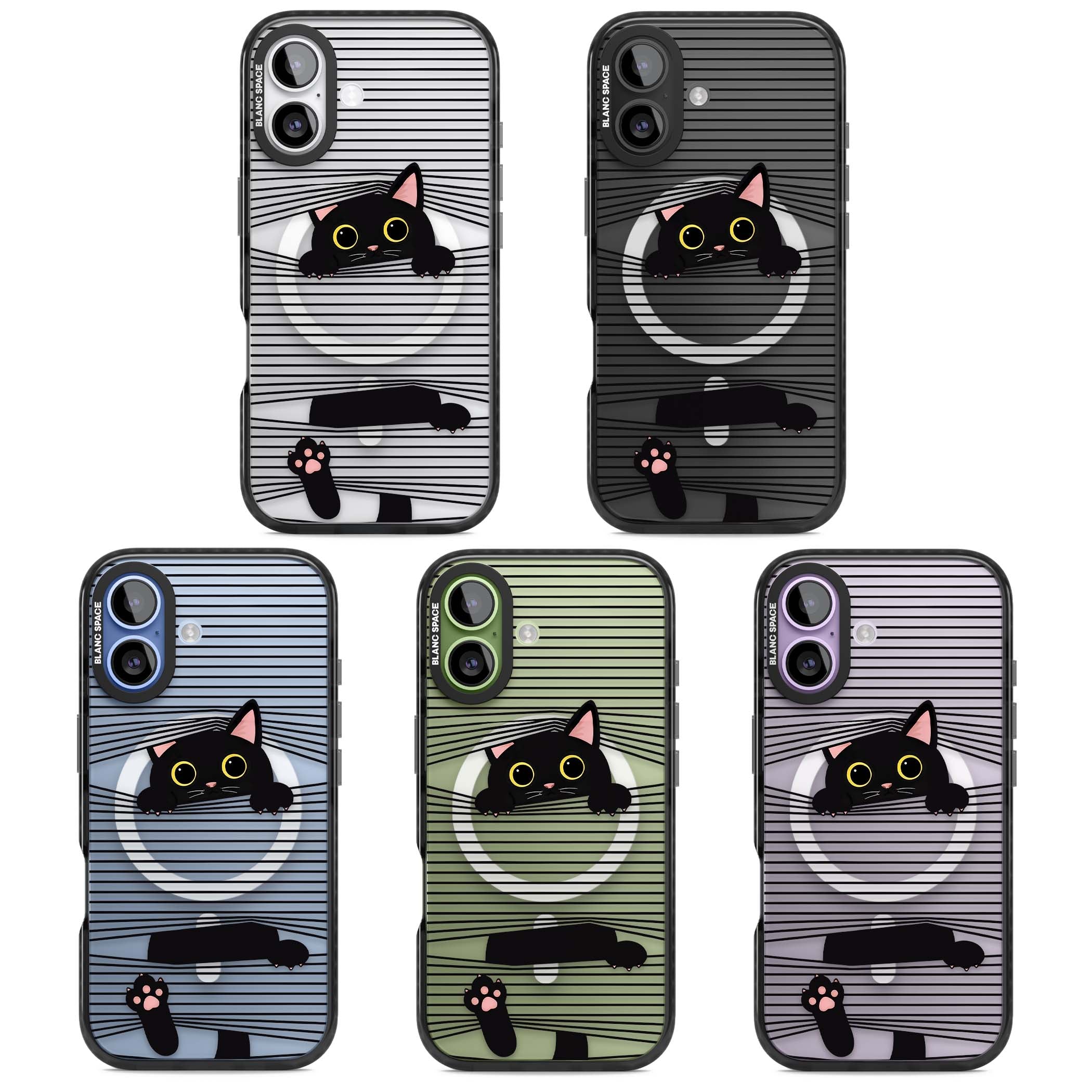 Peek-a-Boo Cat minimal iPhone case featuring black cat peeking through horizontal black and white stripes | Black Impact Magsafe case for iPhone 17