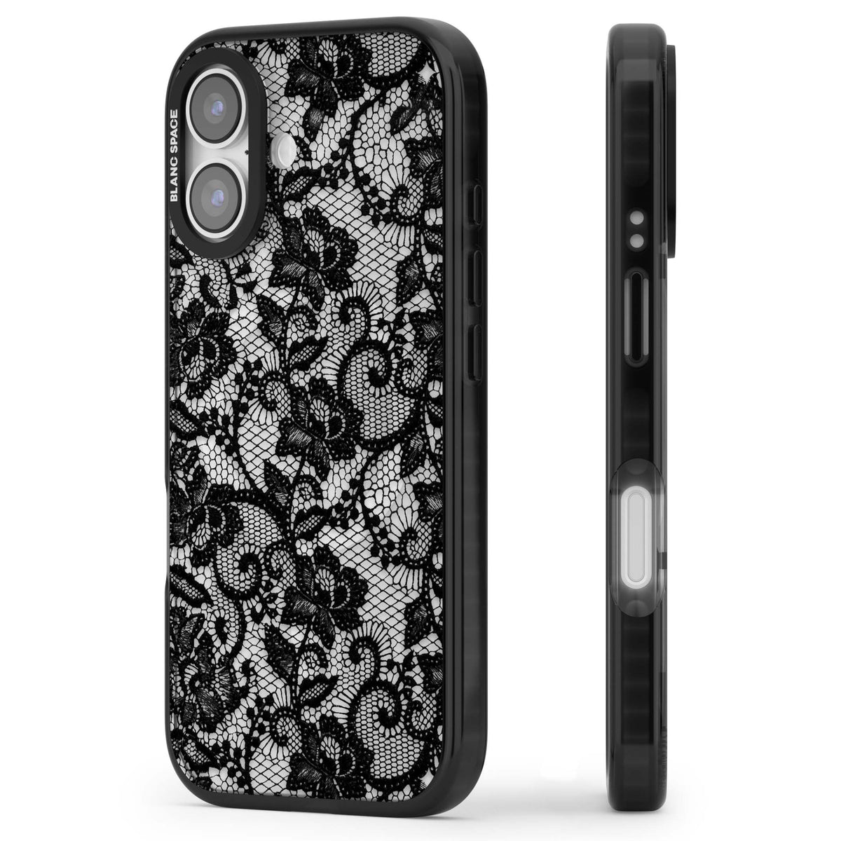 Black Lace gothic iPhone case featuring intricate black floral lace pattern with vintage whimsigoth detail | Black Impact Magsafe case for iPhone 17