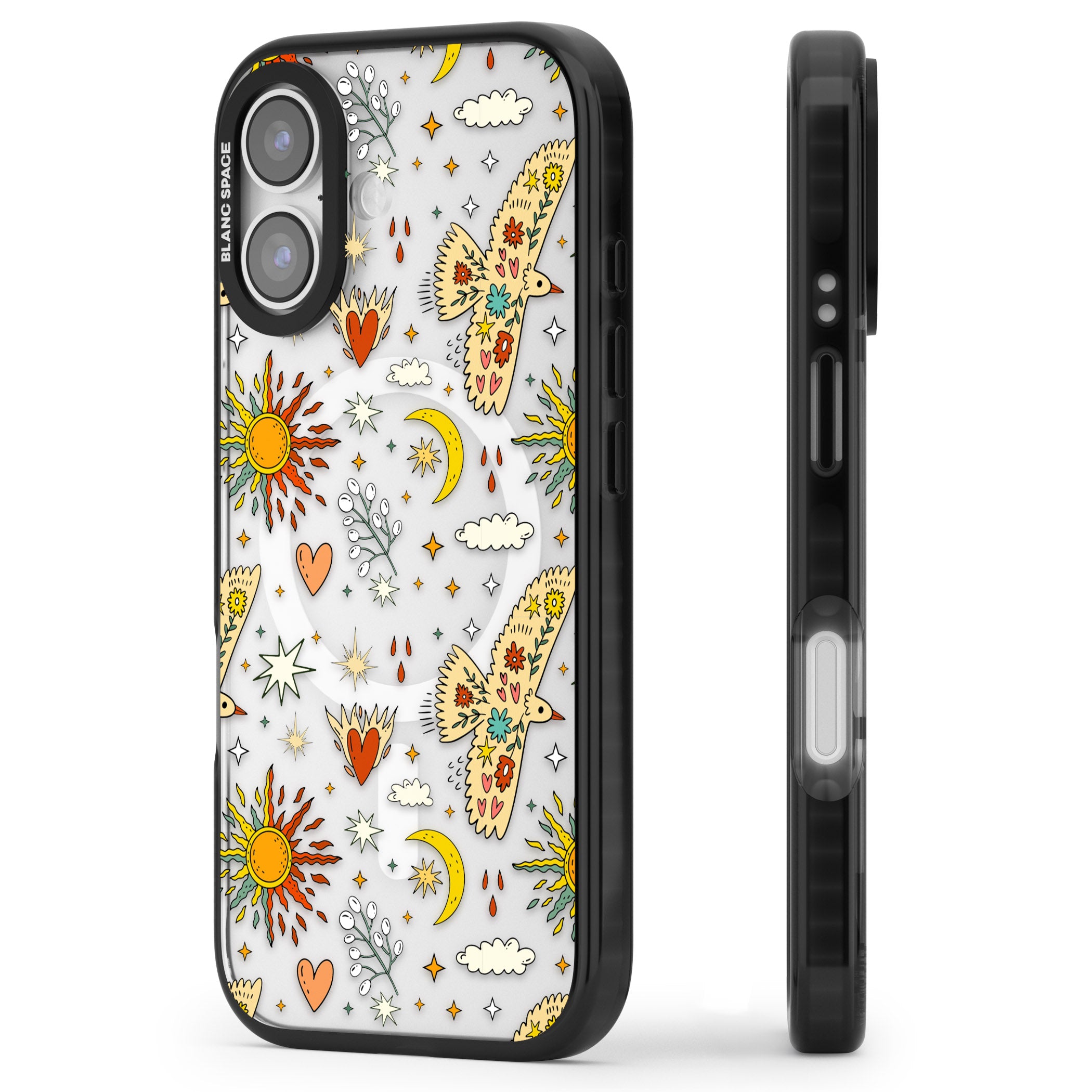 Boho Celestial Floral Bird Sun iPhone 17 Impact Pro Black Phone Case Side Profile
