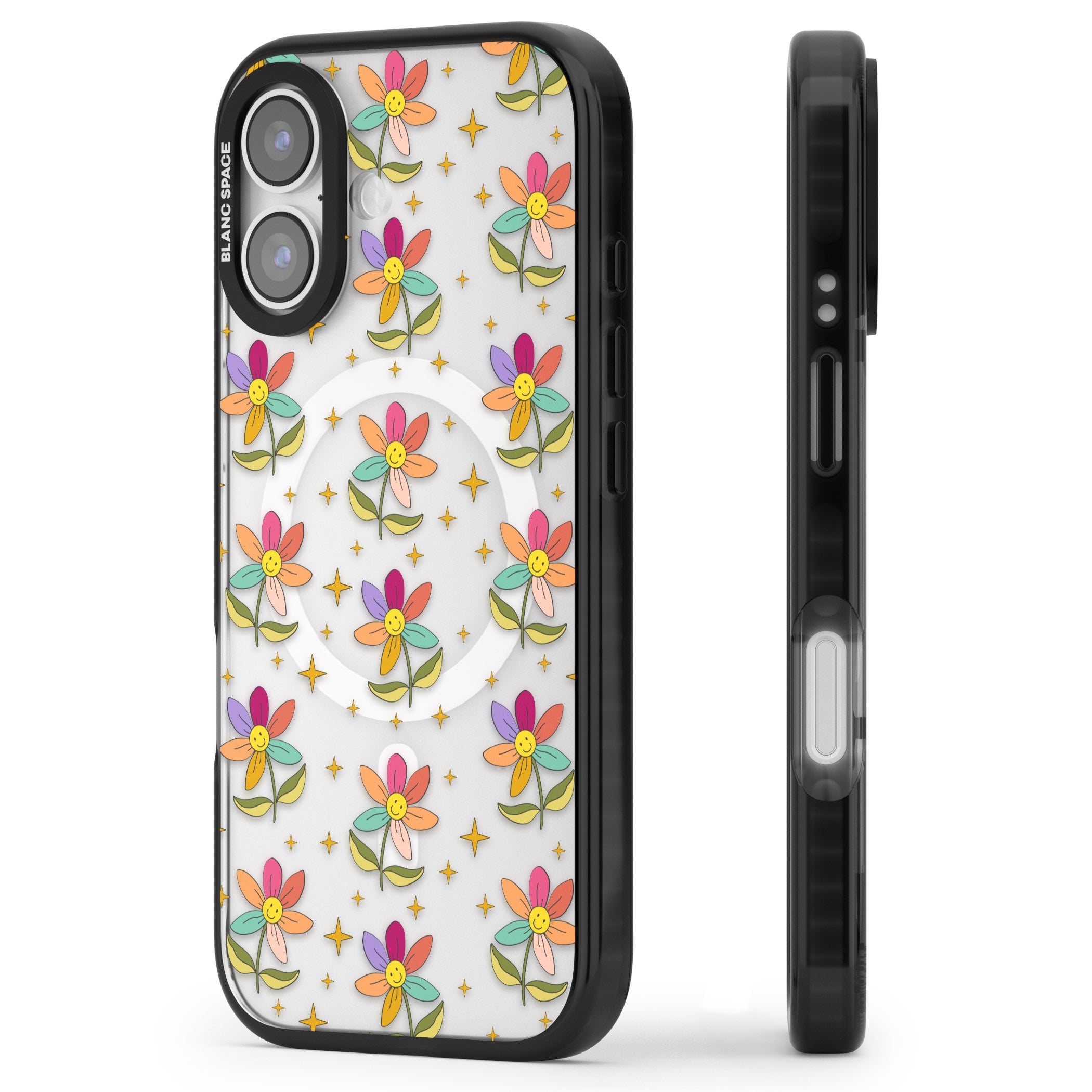 Boho Celestial Happy Flower iPhone 17 Impact Pro Black Phone Case Side Profile