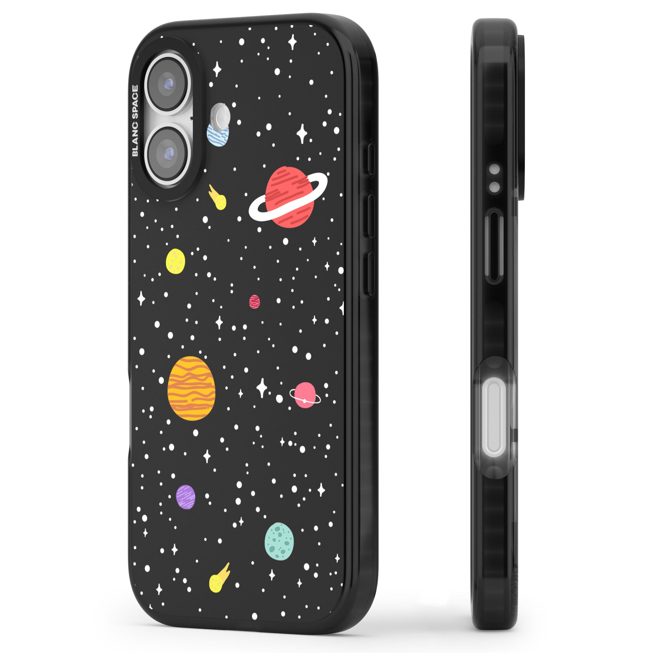 Cute Cartoon Planets iPhone 17 Impact Pro Black Phone Case Side Profile