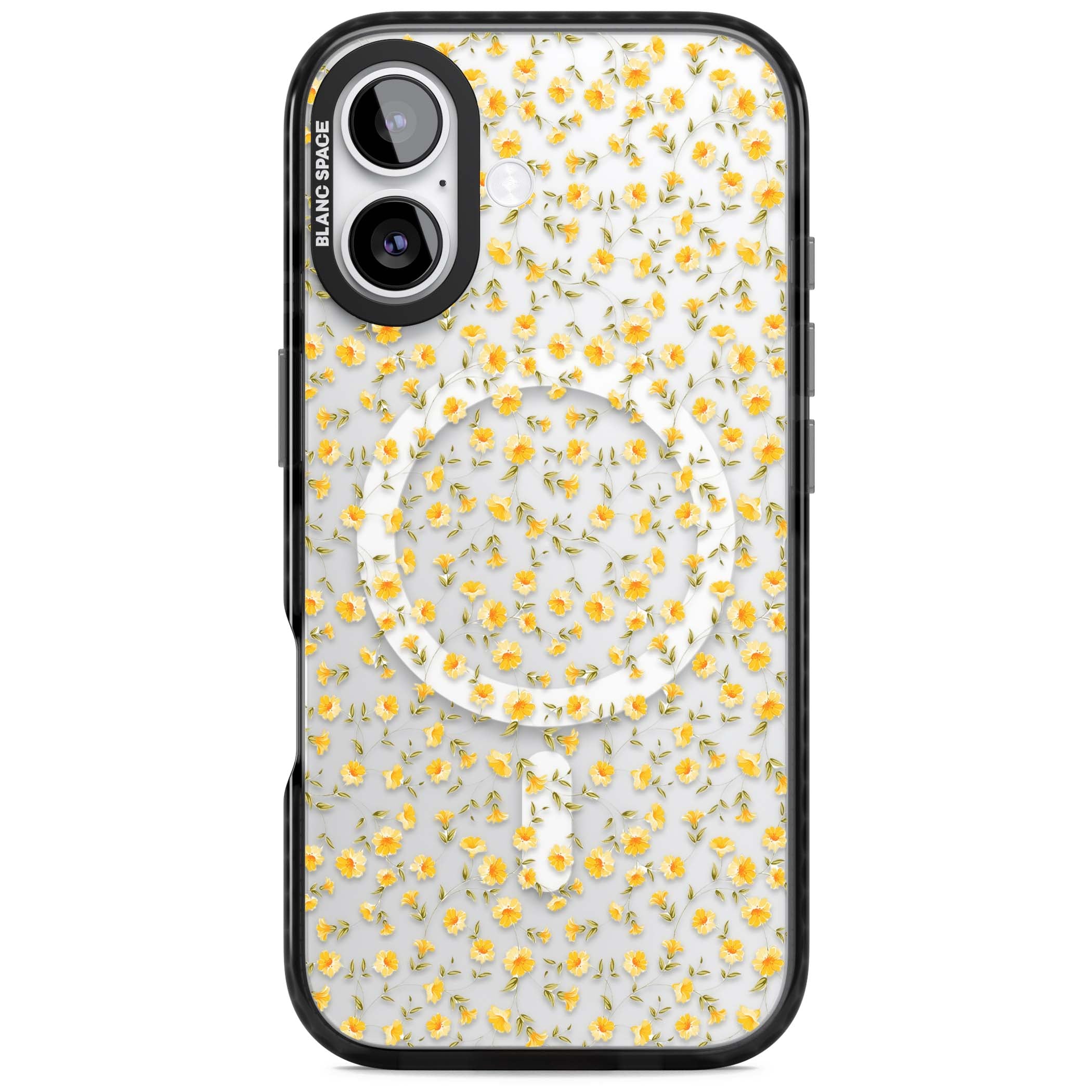Buttercup wildflower iPhone case featuring tiny yellow flowers and trailing green vines on clear | Black Impact Magsafe case for iPhone 17