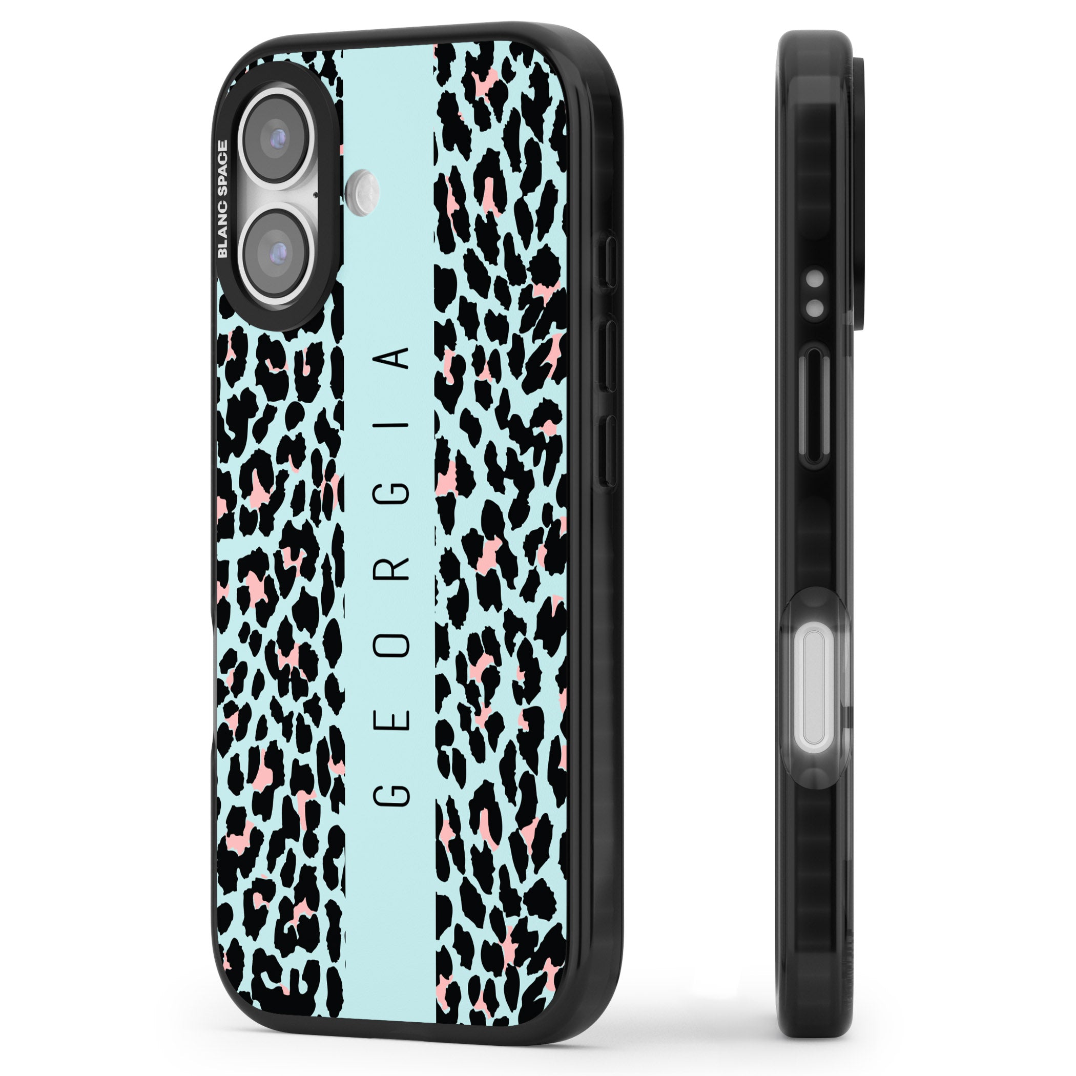 Personalised Blue Leopard iPhone 17 Impact Pro Black Phone Case Side Profile