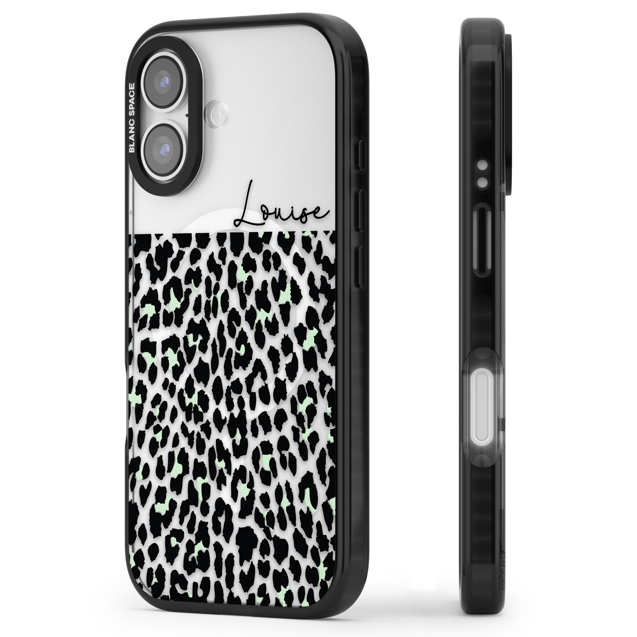 Personalised Seafoam Leopard iPhone 17 Impact Pro Black Phone Case Side Profile