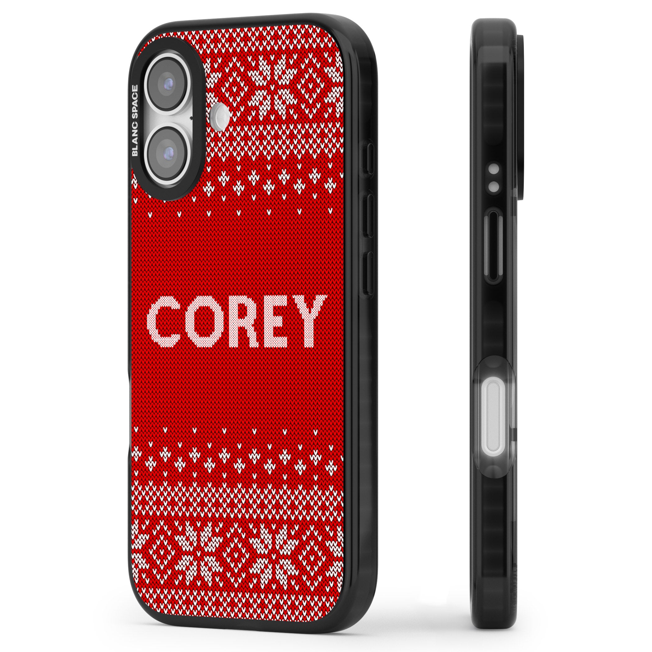Personalised Red Christmas Knit iPhone 17 Impact Pro Black Phone Case Side Profile