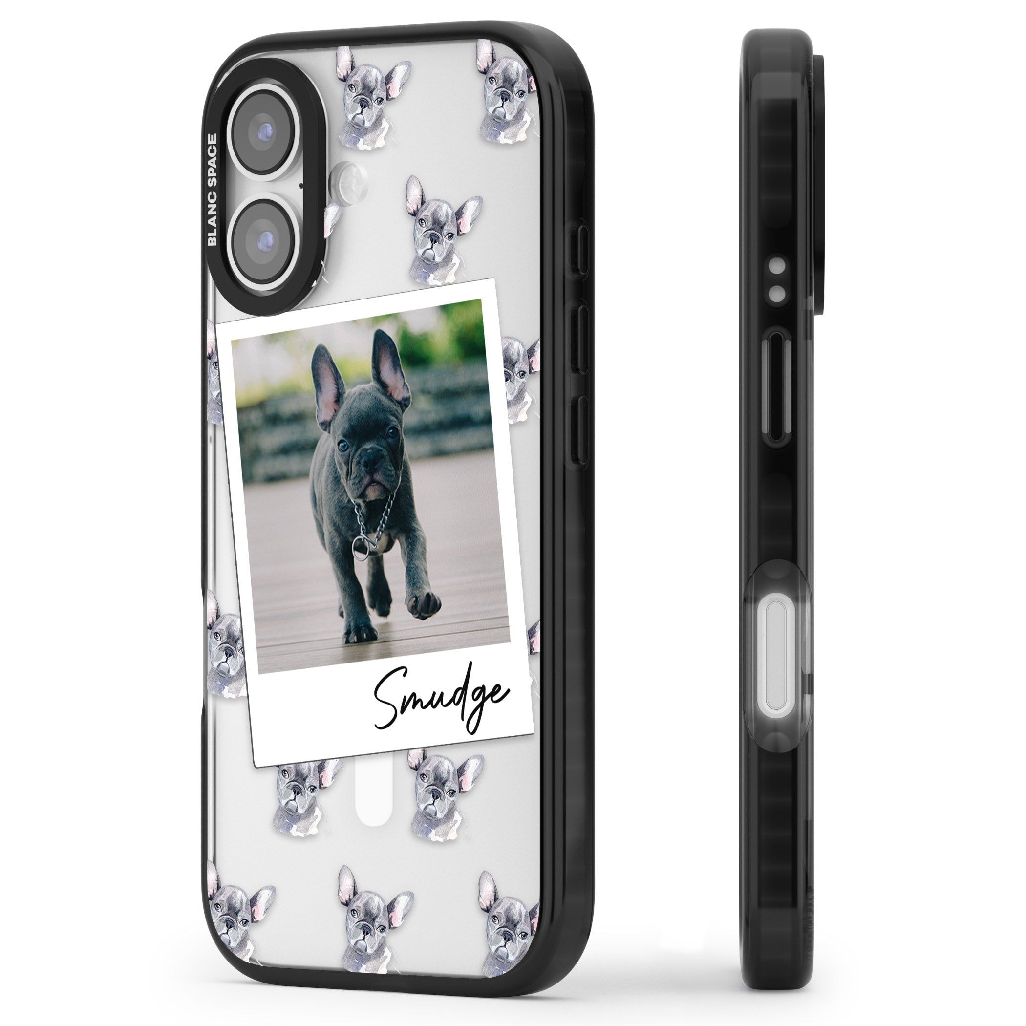 Personalised Grey French Bulldog Instant Camera Photo iPhone 17 Impact Pro Black Phone Case Side Profile