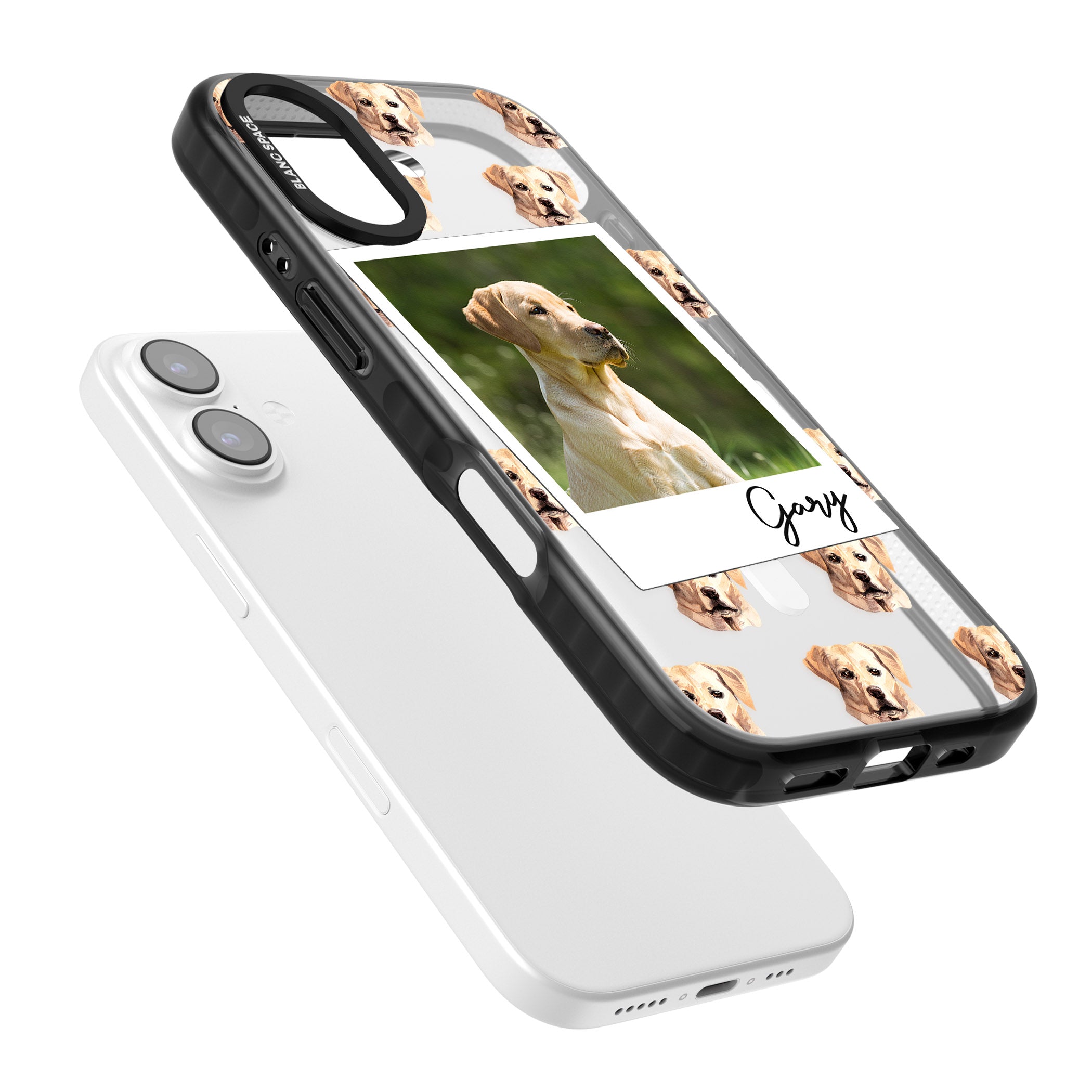 Personalised Tan Black Labrador Instant Camera Photo iPhone 17 Impact Pro Black Phone Case Colours