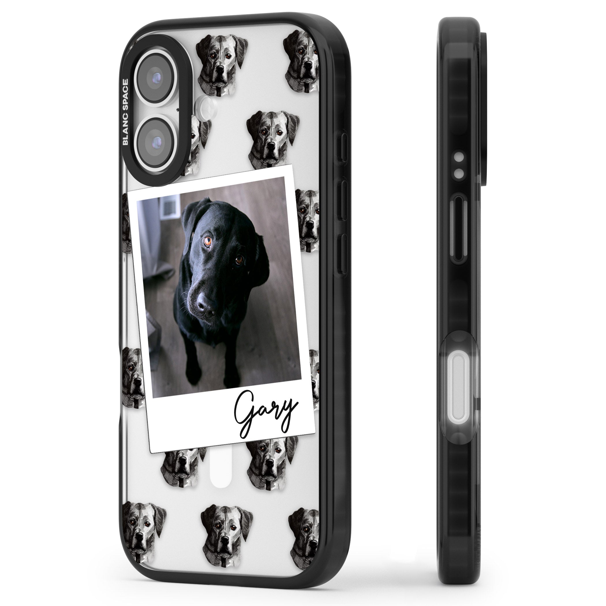 Personalised Black Labrador Instant Camera Photo iPhone 17 Impact Pro Black Phone Case Side Profile