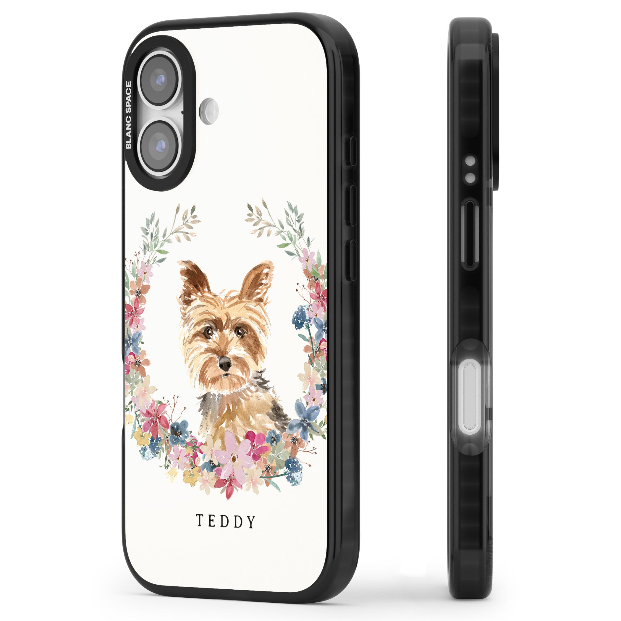 Personalised Yorkshire Terrier Floral Portrait iPhone 17 Impact Pro Black Phone Case Side Profile