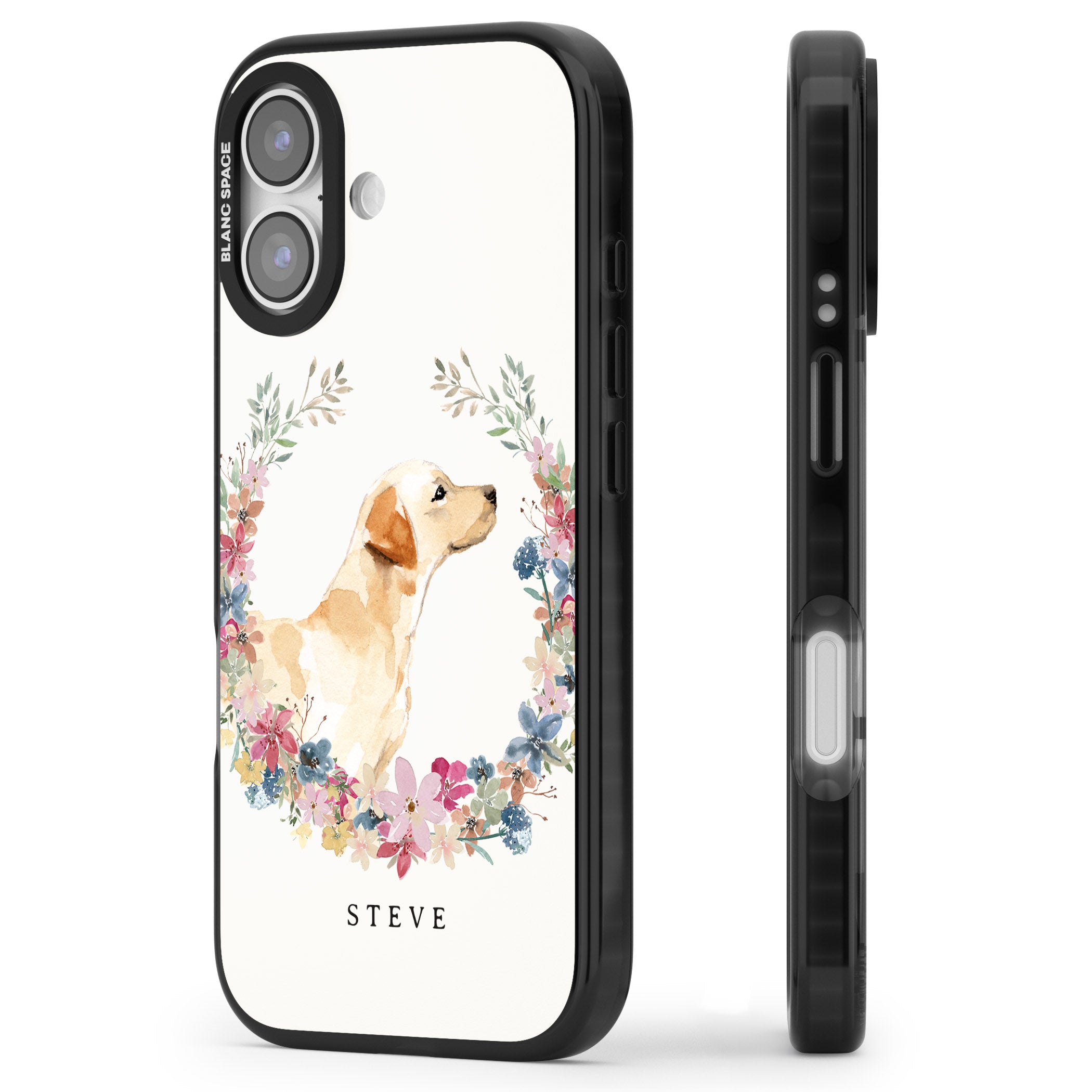 Personalised Yellow Labrador Floral Portrait iPhone 17 Impact Pro Black Phone Case Side Profile