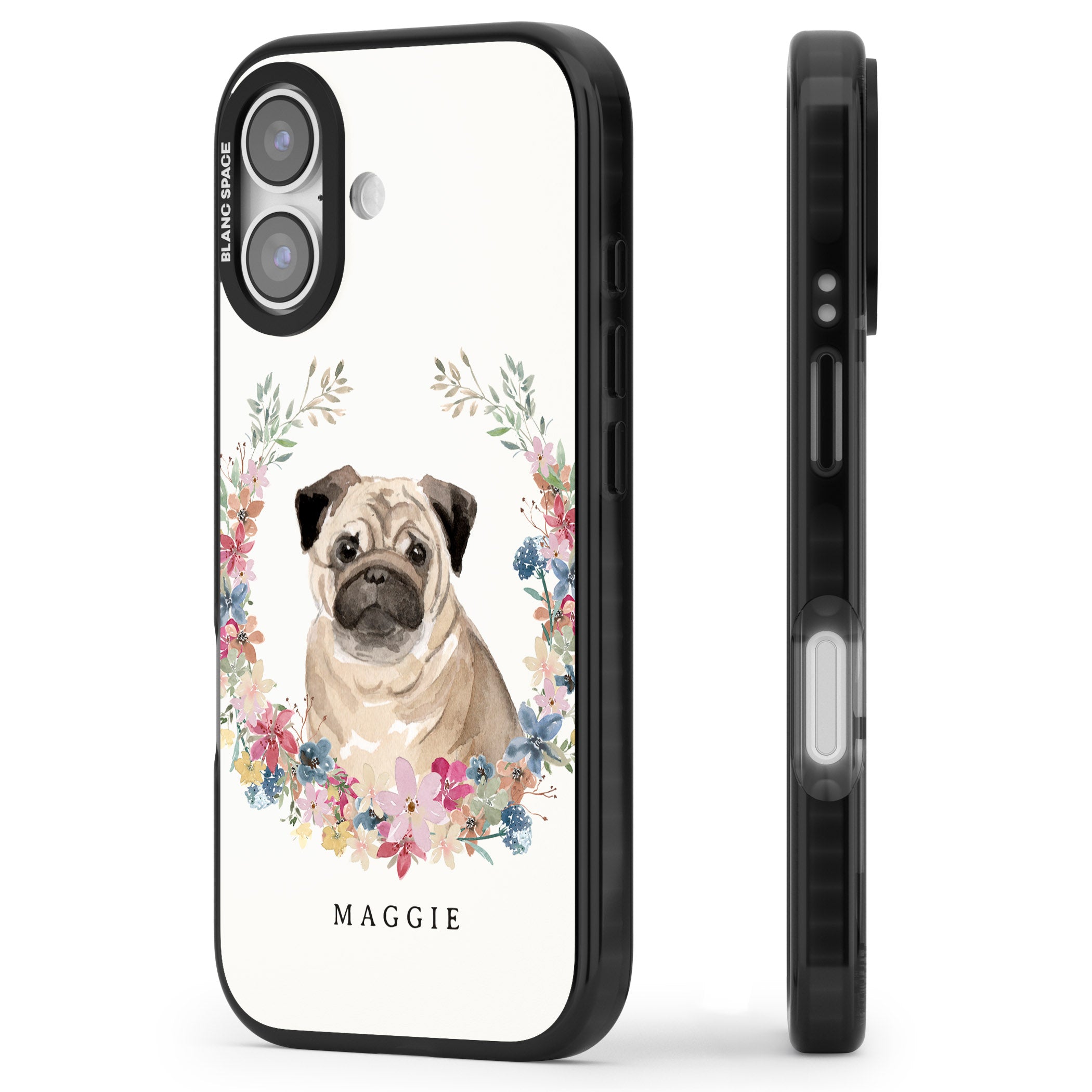 Personalised Pug Floral Portrait iPhone 17 Impact Pro Black Phone Case Side Profile
