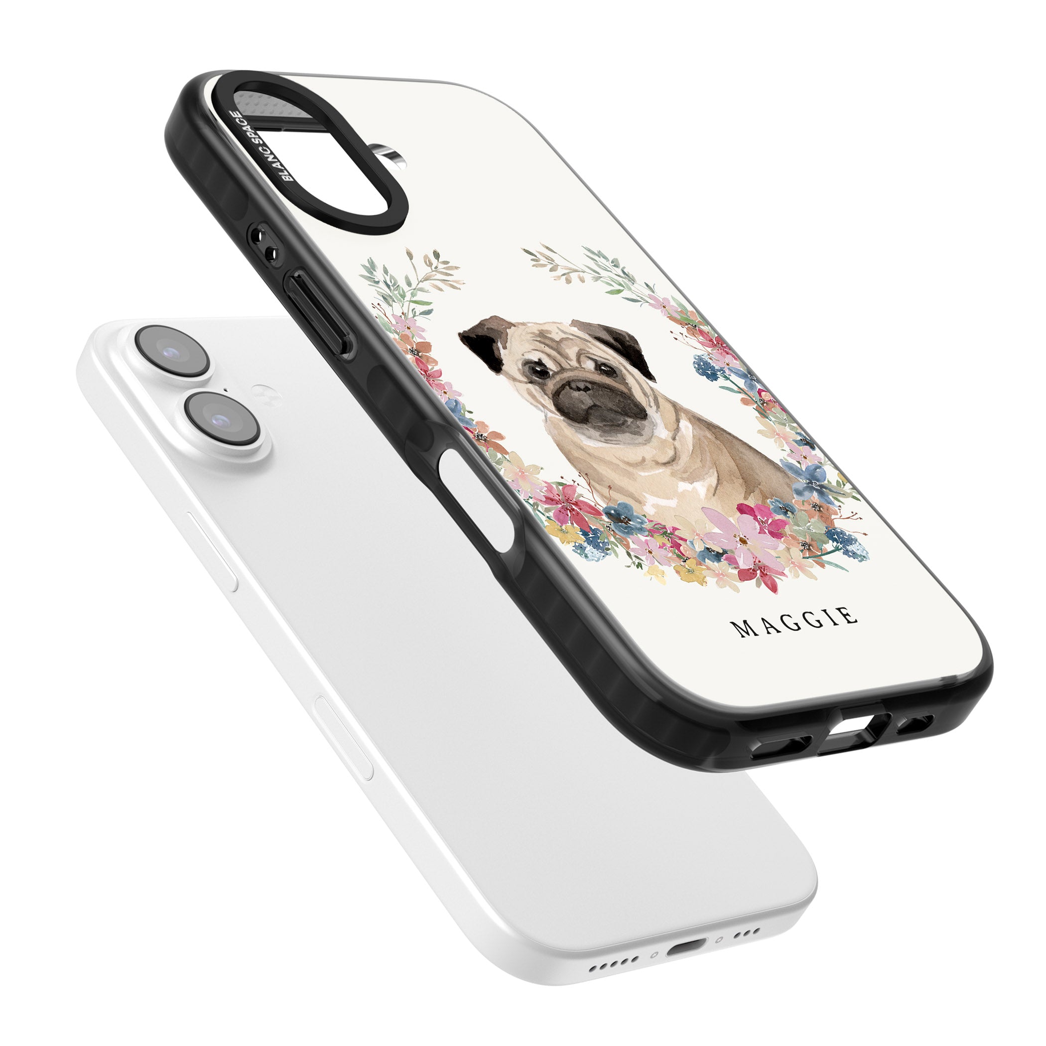 Personalised Pug Floral Portrait iPhone 17 Impact Pro Black Phone Case Colours