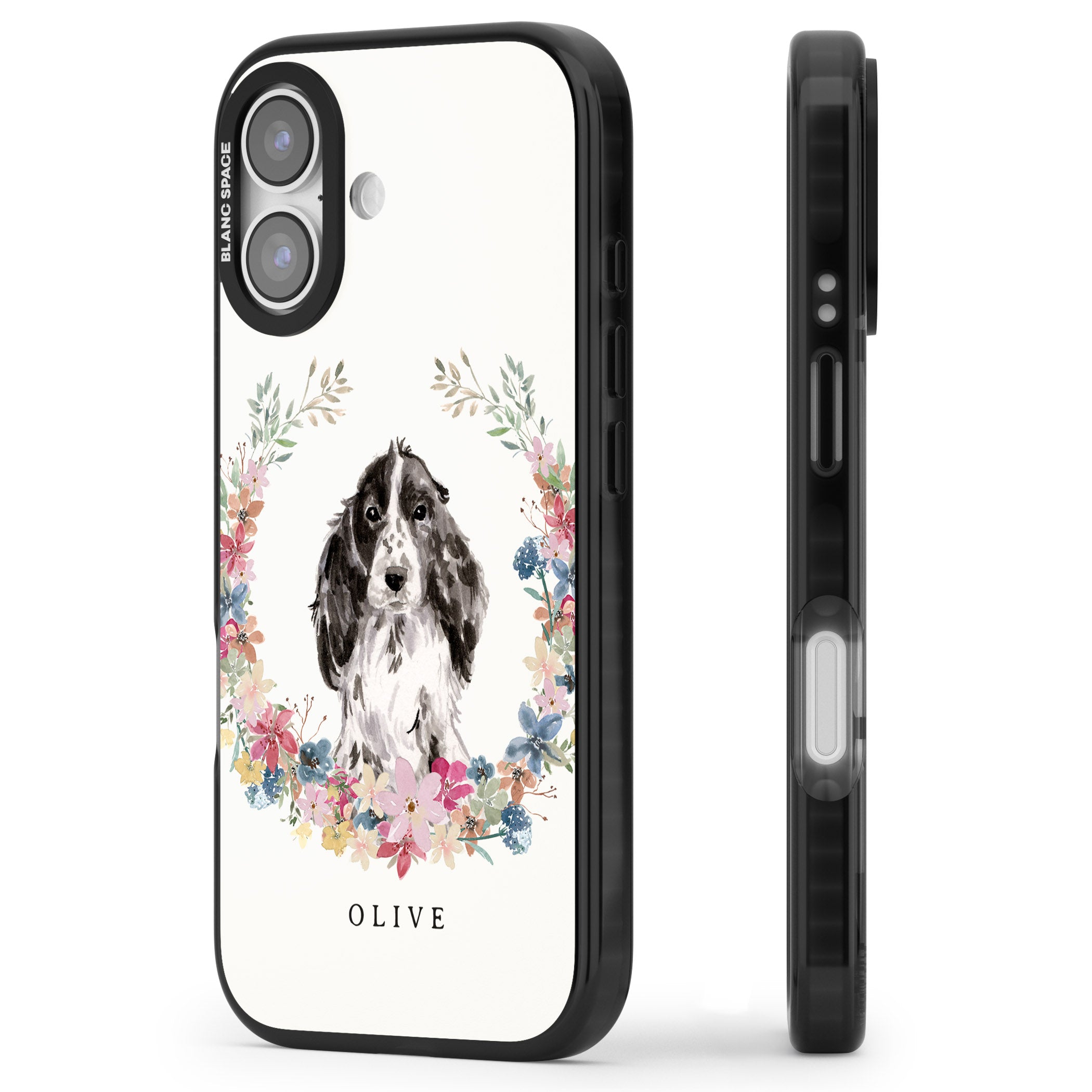 Personalised Black Cocker Spaniel Floral Portrait iPhone 17 Impact Pro Black Phone Case Side Profile