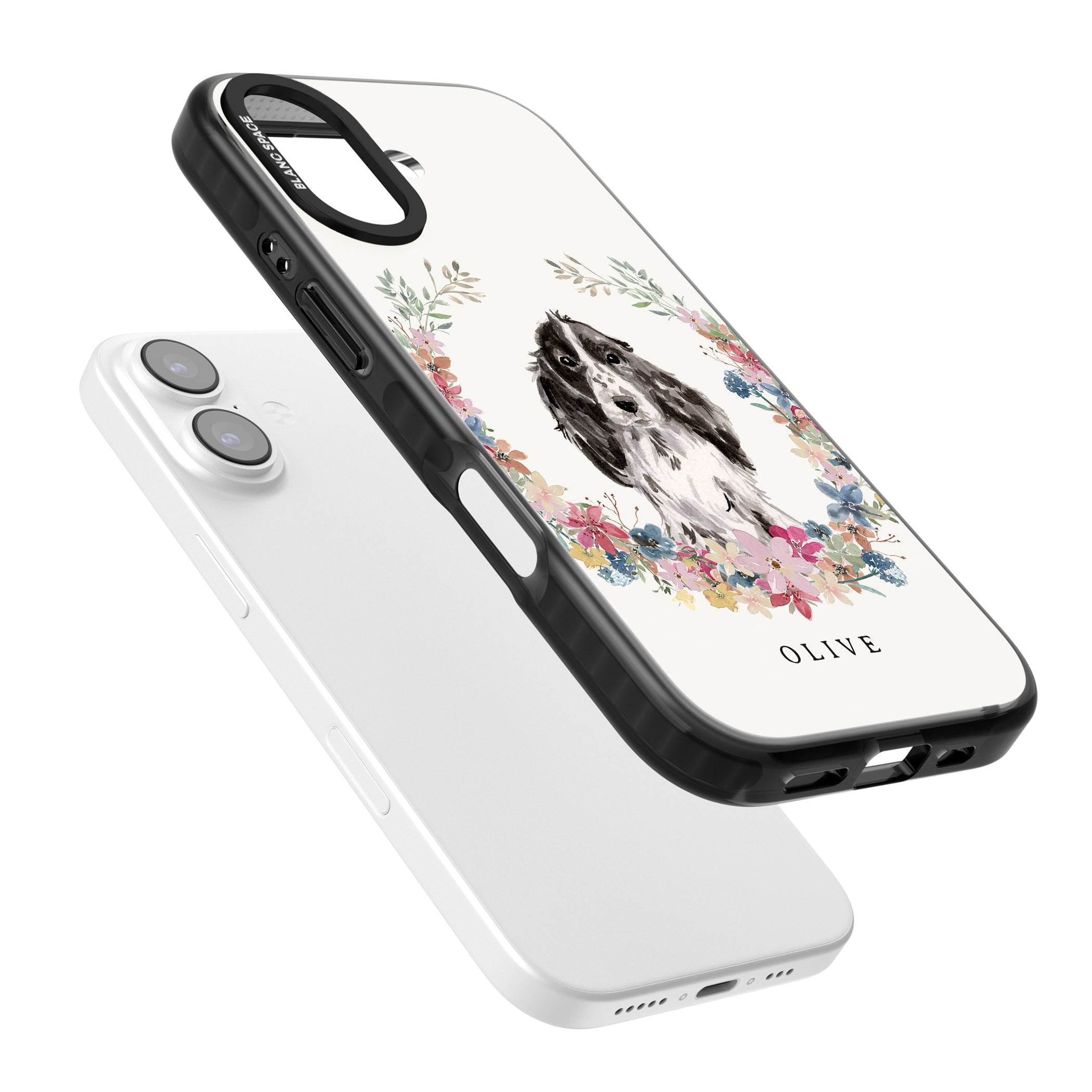 Personalised Black Cocker Spaniel Floral Portrait iPhone 17 Impact Pro Black Phone Case Colours