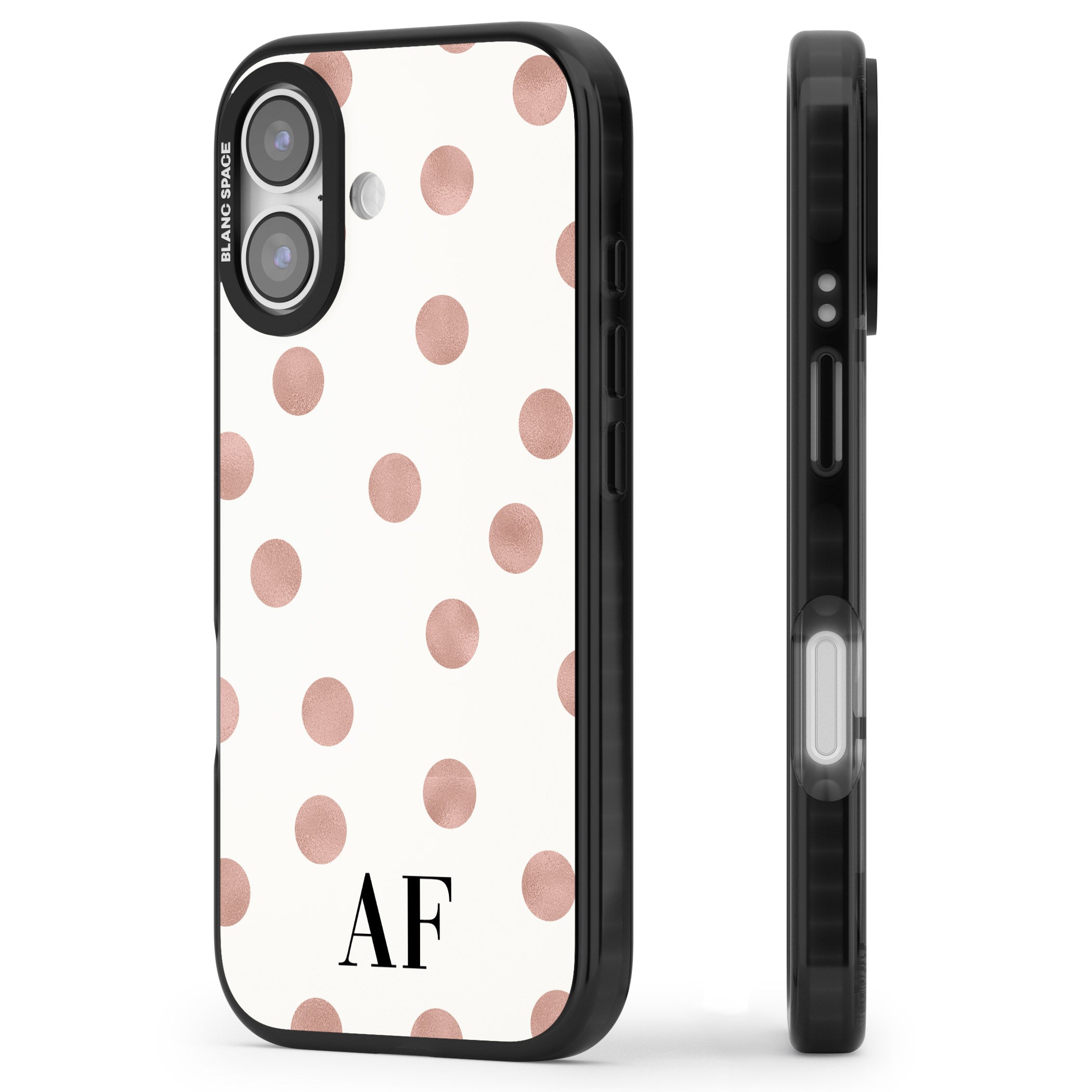 Personalised Rose Gold Dots & Initials iPhone 17 Impact Pro Black Phone Case Side Profile