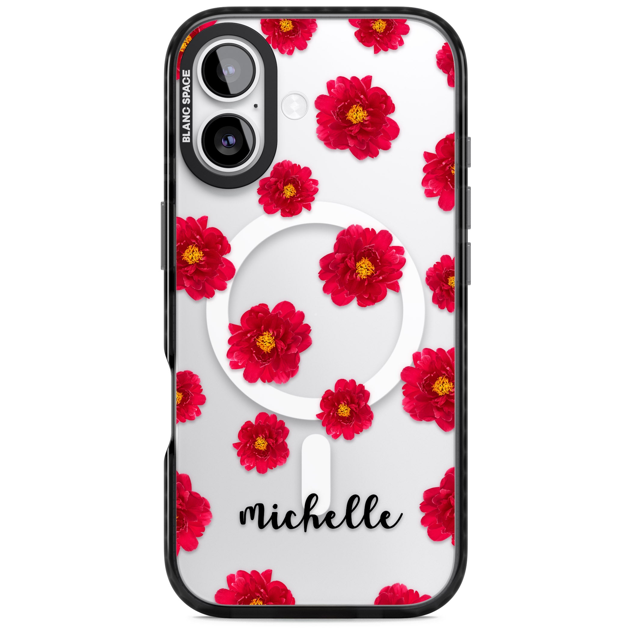Personalised Red Peonies & Cursive iPhone 17 Impact Pro Black Phone Case