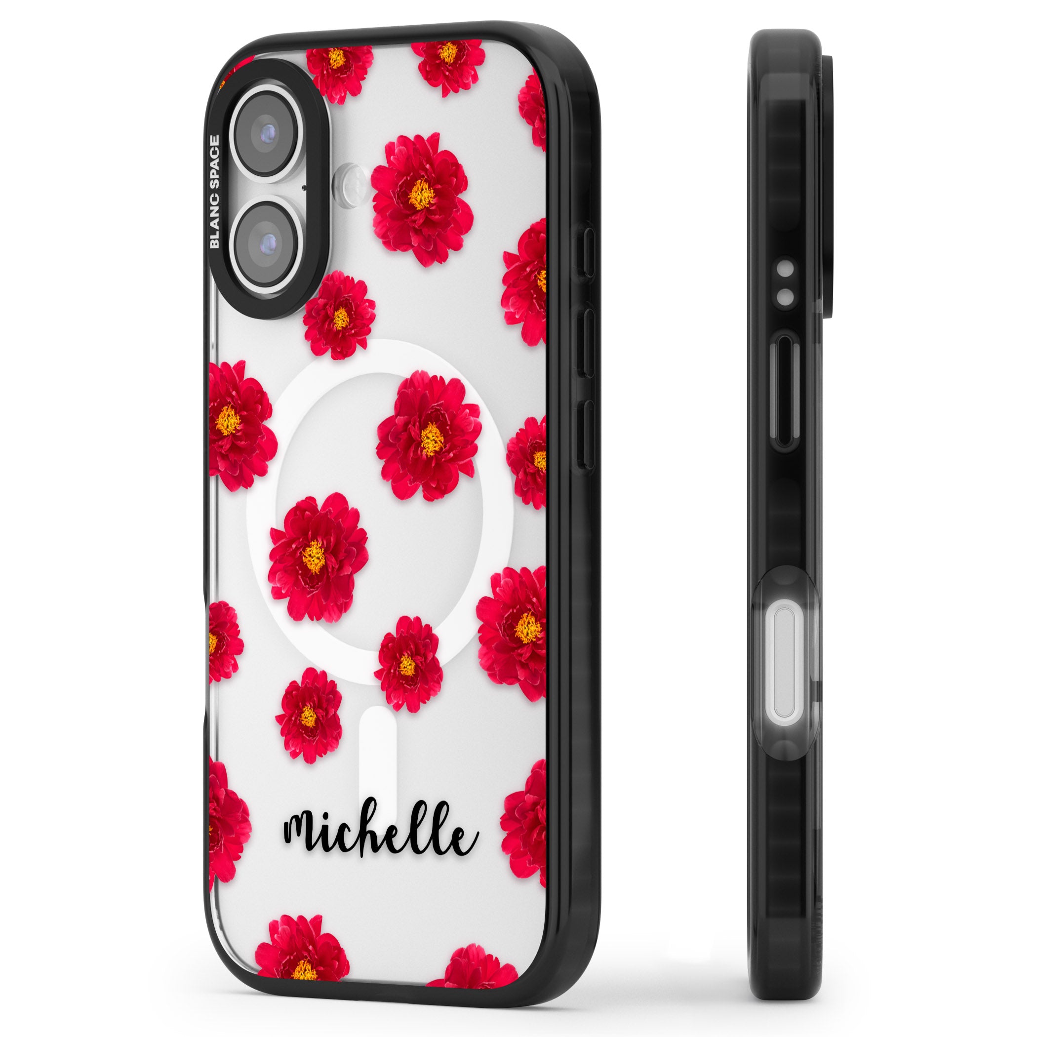 Personalised Red Peonies & Cursive iPhone 17 Impact Pro Black Phone Case Side Profile