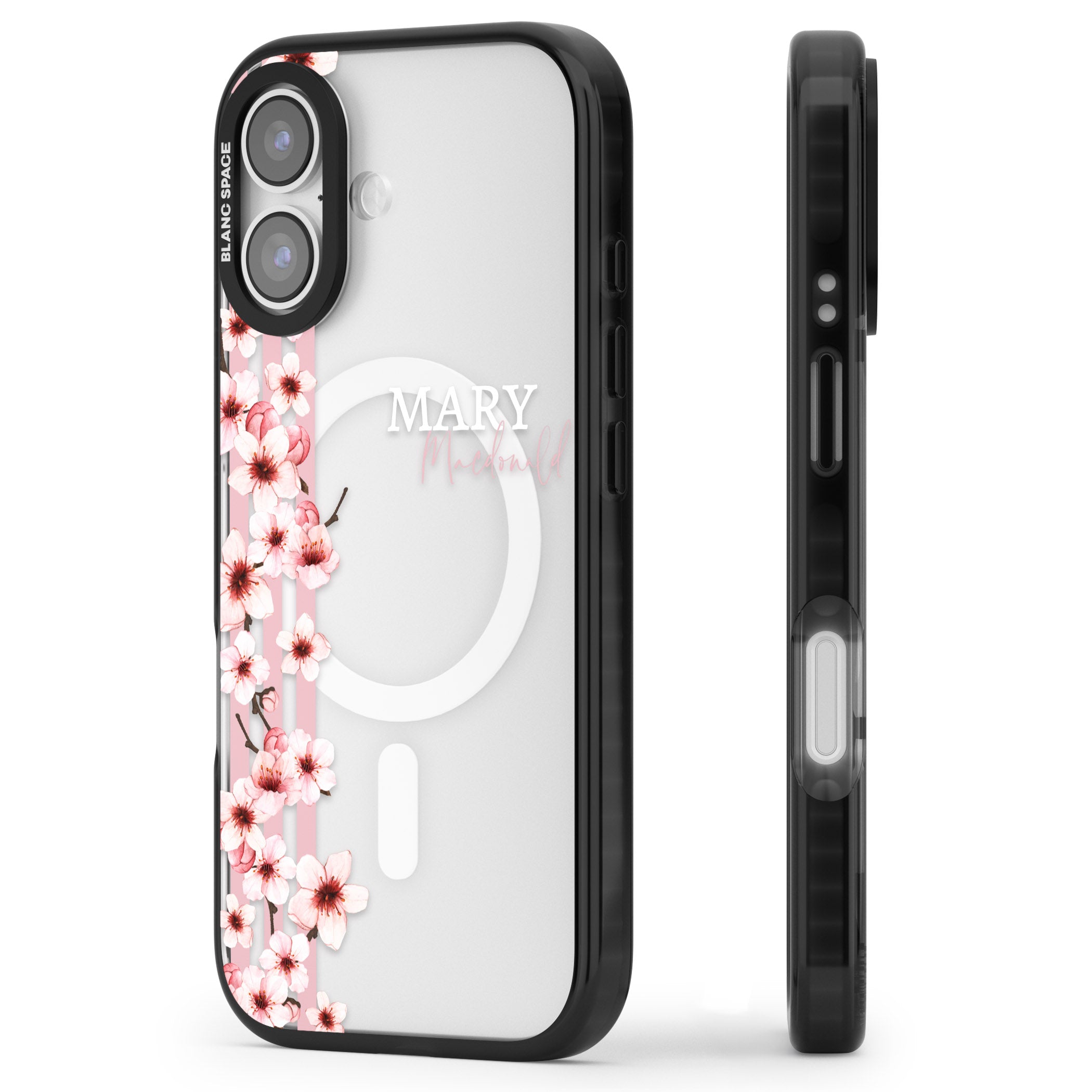 Personalised Cherry Blossom Stripes iPhone 17 Impact Pro Black Phone Case Side Profile