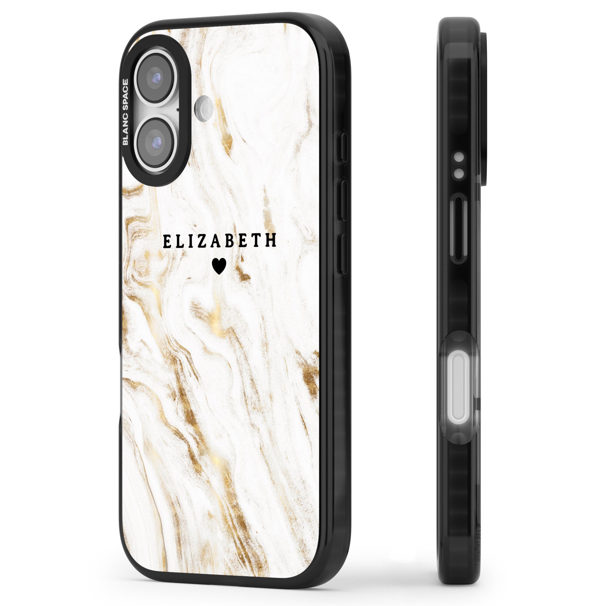 Personalised White & Gold Swirl Marble iPhone 17 Impact Pro Black Phone Case Side Profile