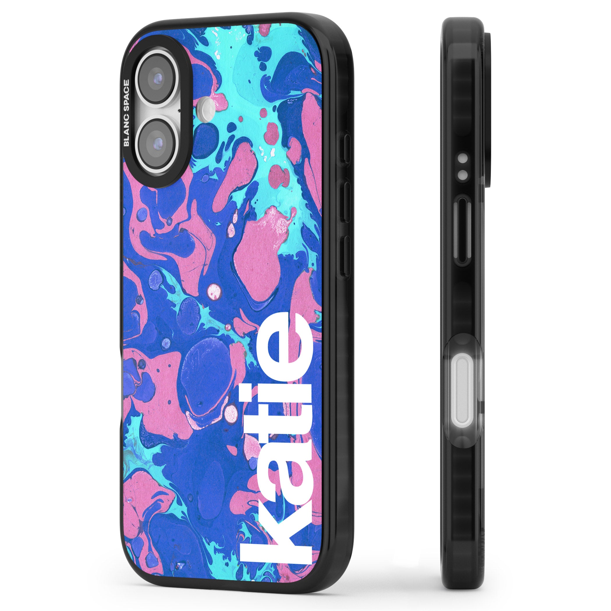 Personalised Navy & Turquoise Marbled iPhone 17 Impact Pro Black Phone Case Side Profile