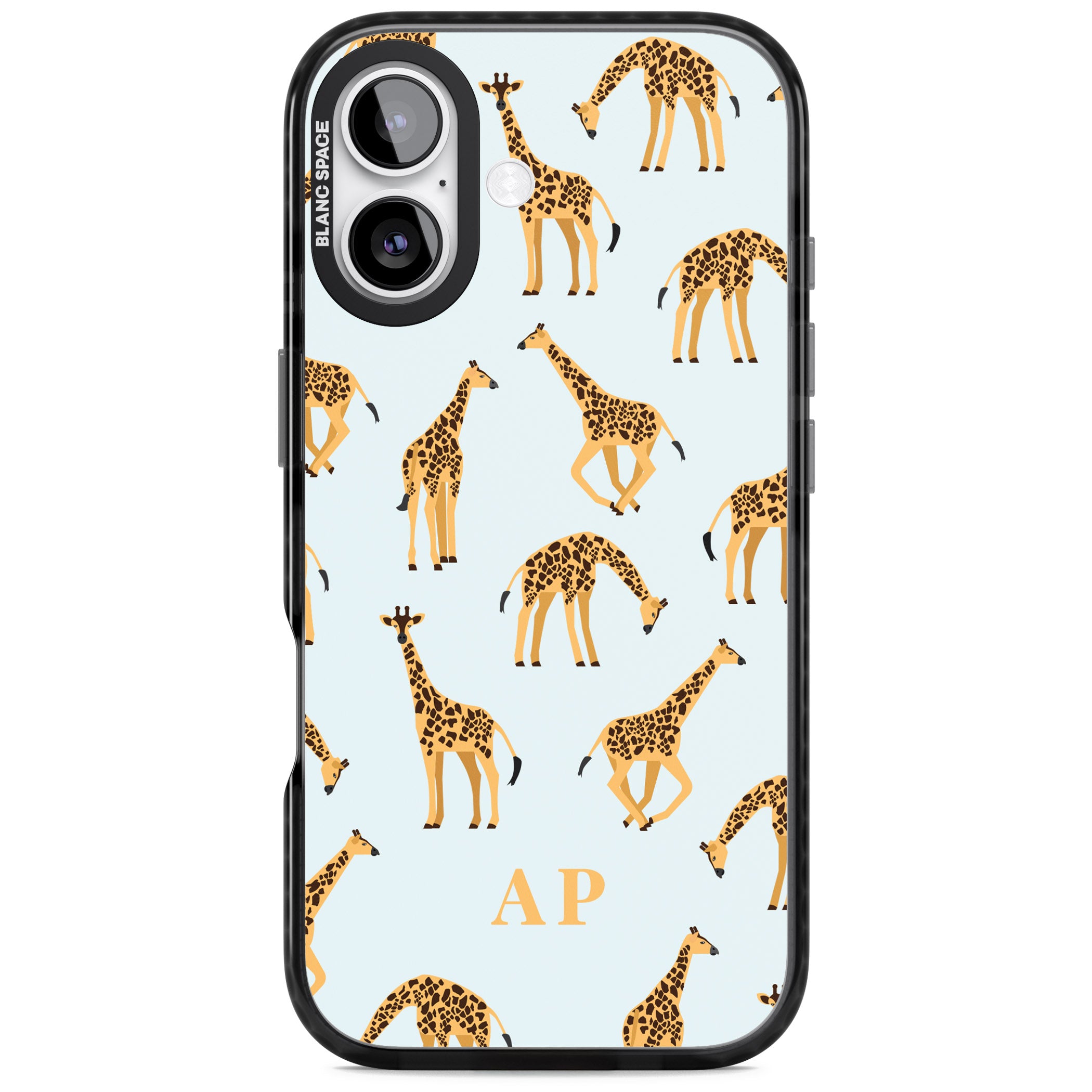 Personalised Safari Giraffe Pattern On Blue iPhone 17 Impact Pro Black Phone Case