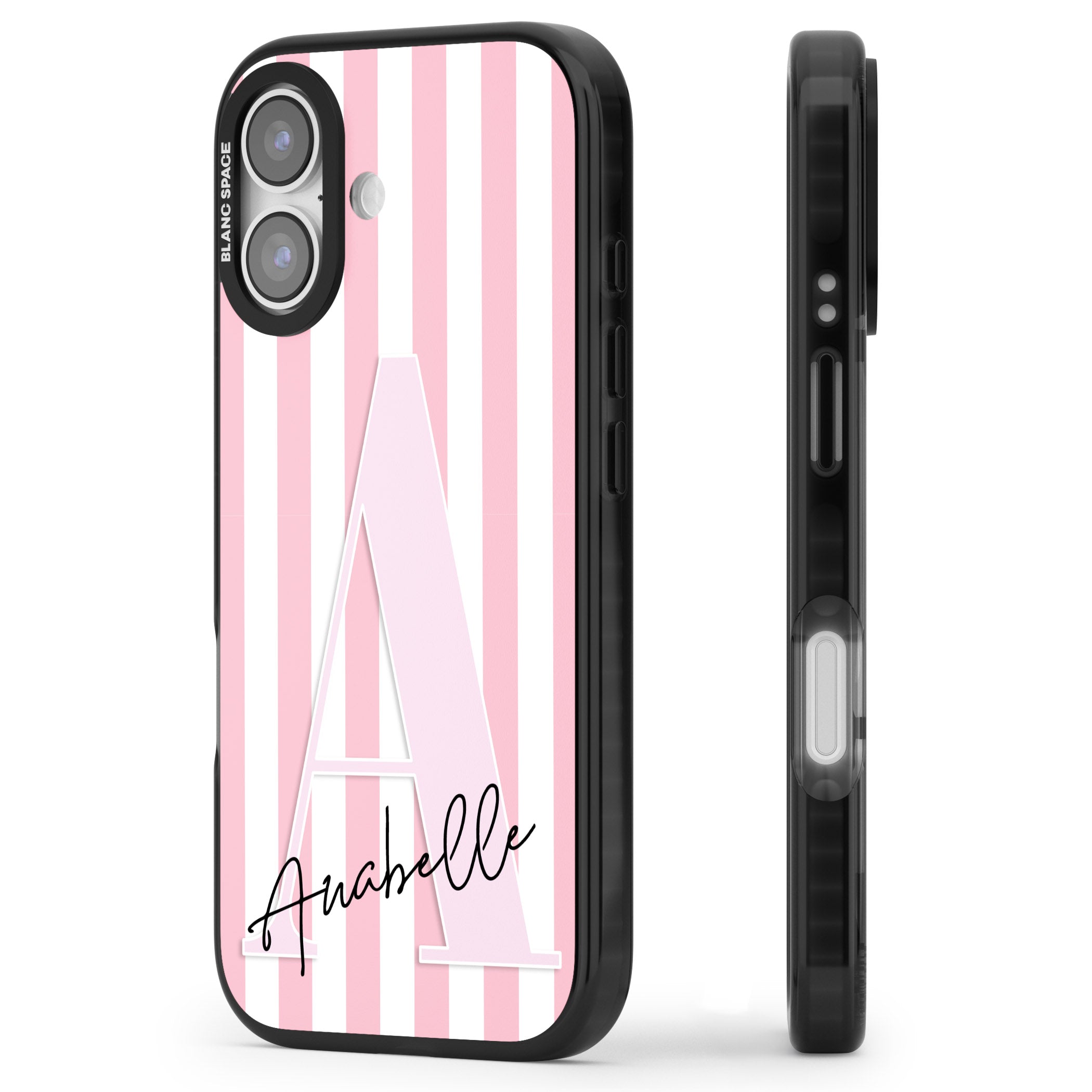 Personalised Pink Stripes & Monogram iPhone 17 Impact Pro Black Phone Case Side Profile