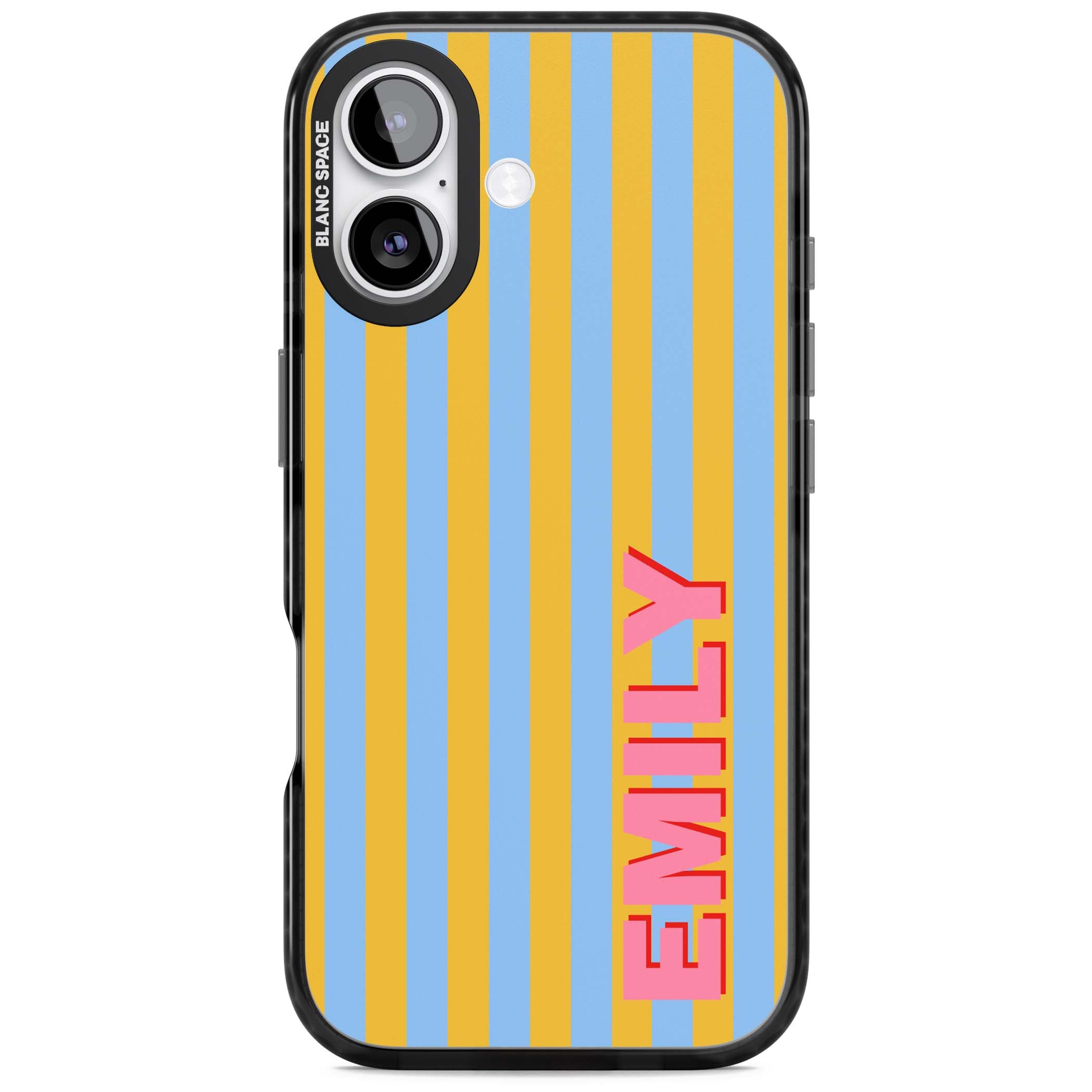 Carribean Stripe personalised coastal iPhone case with yellow and blue vertical stripes and a custom pink name | Black Impact Magsafe case for iPhone 17