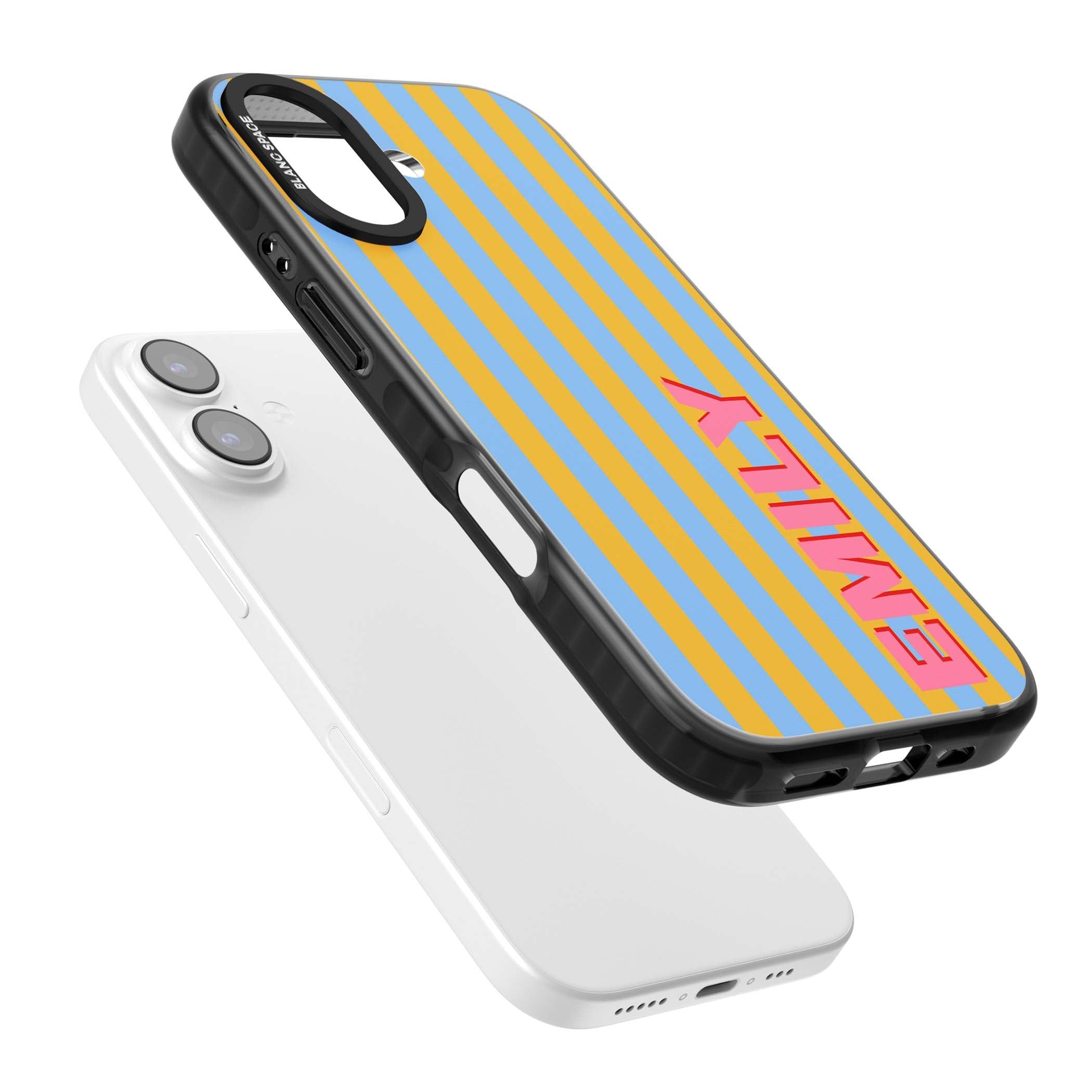 Carribean Stripe personalised coastal iPhone case with yellow and blue vertical stripes and a custom pink name | Black Impact Magsafe case for iPhone 17