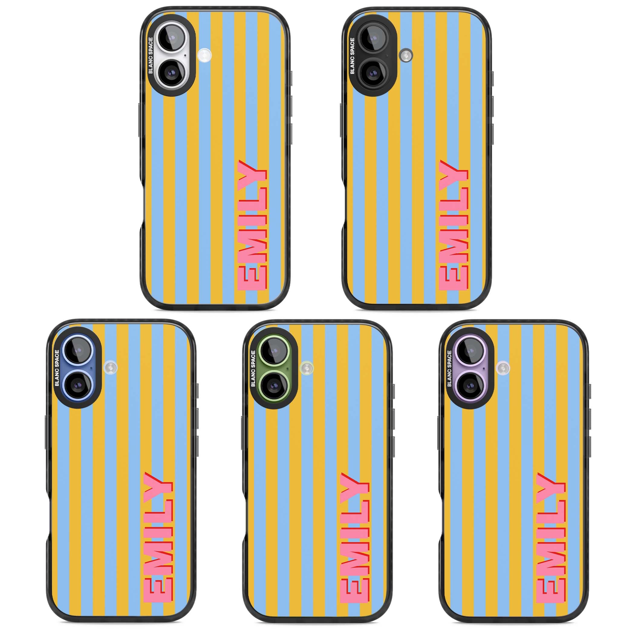 Carribean Stripe personalised coastal iPhone case with yellow and blue vertical stripes and a custom pink name | Black Impact Magsafe case for iPhone 17