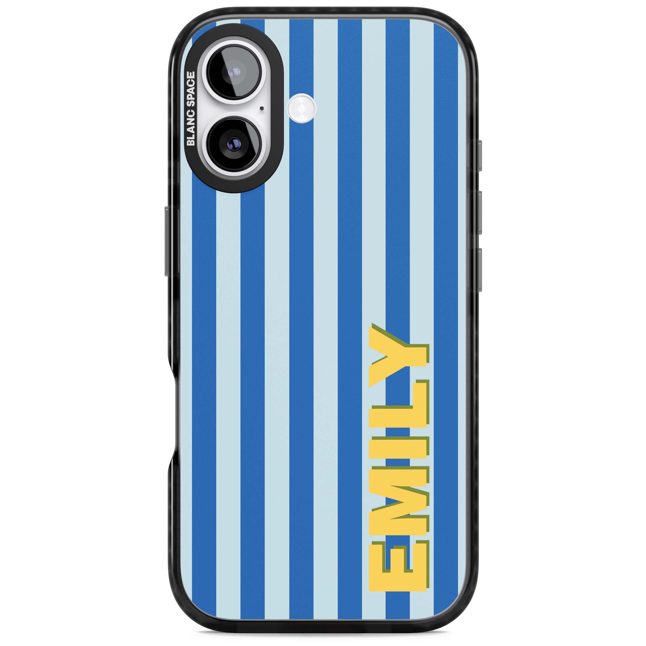 Athenian Stripe personalised preppy iPhone case featuring blue vertical stripes and a custom yellow name | Black Impact Magsafe case for iPhone 17