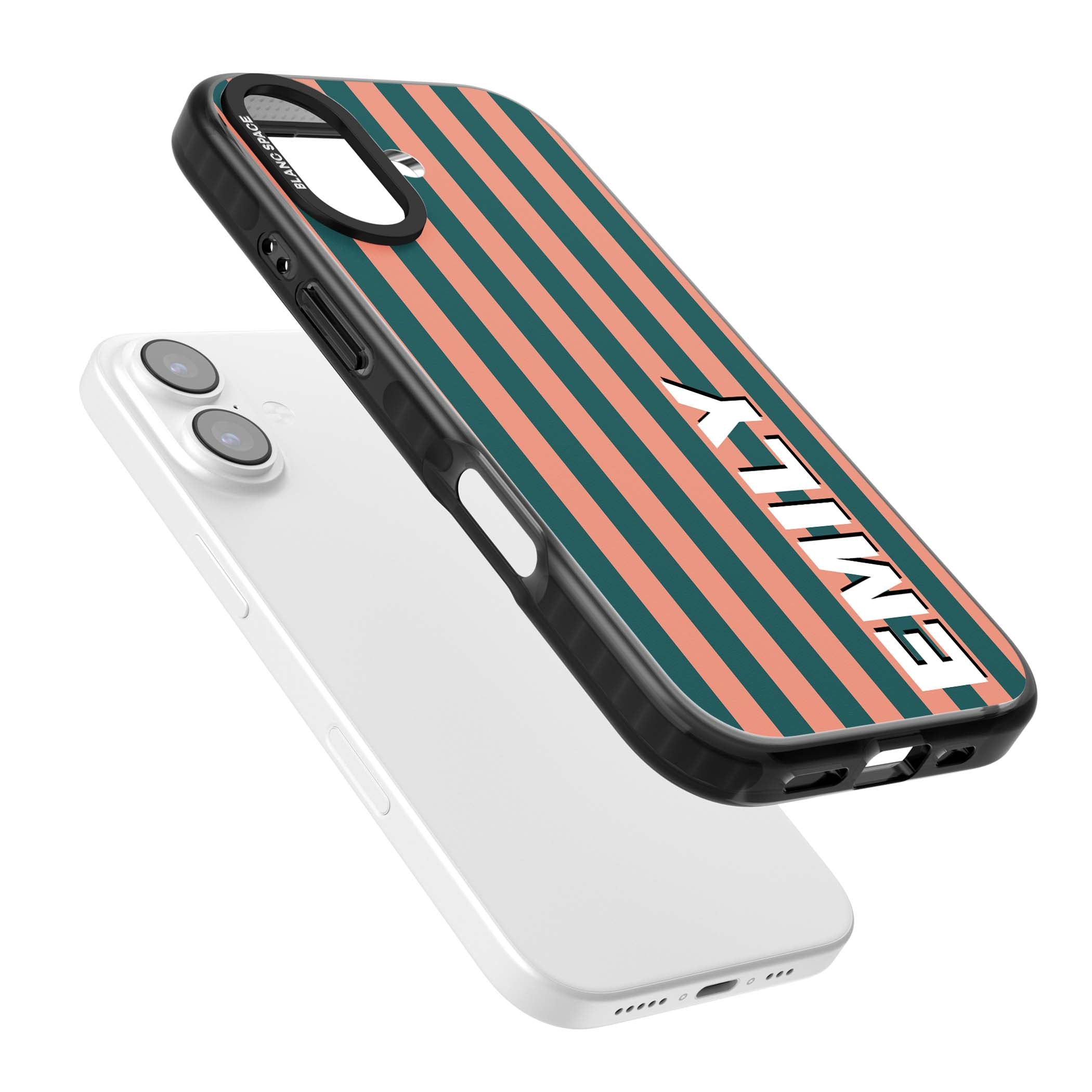 Tuscan Stripe personalised iPhone case featuring coral and green vertical stripes with bold custom name | Black Impact Magsafe case for iPhone 17