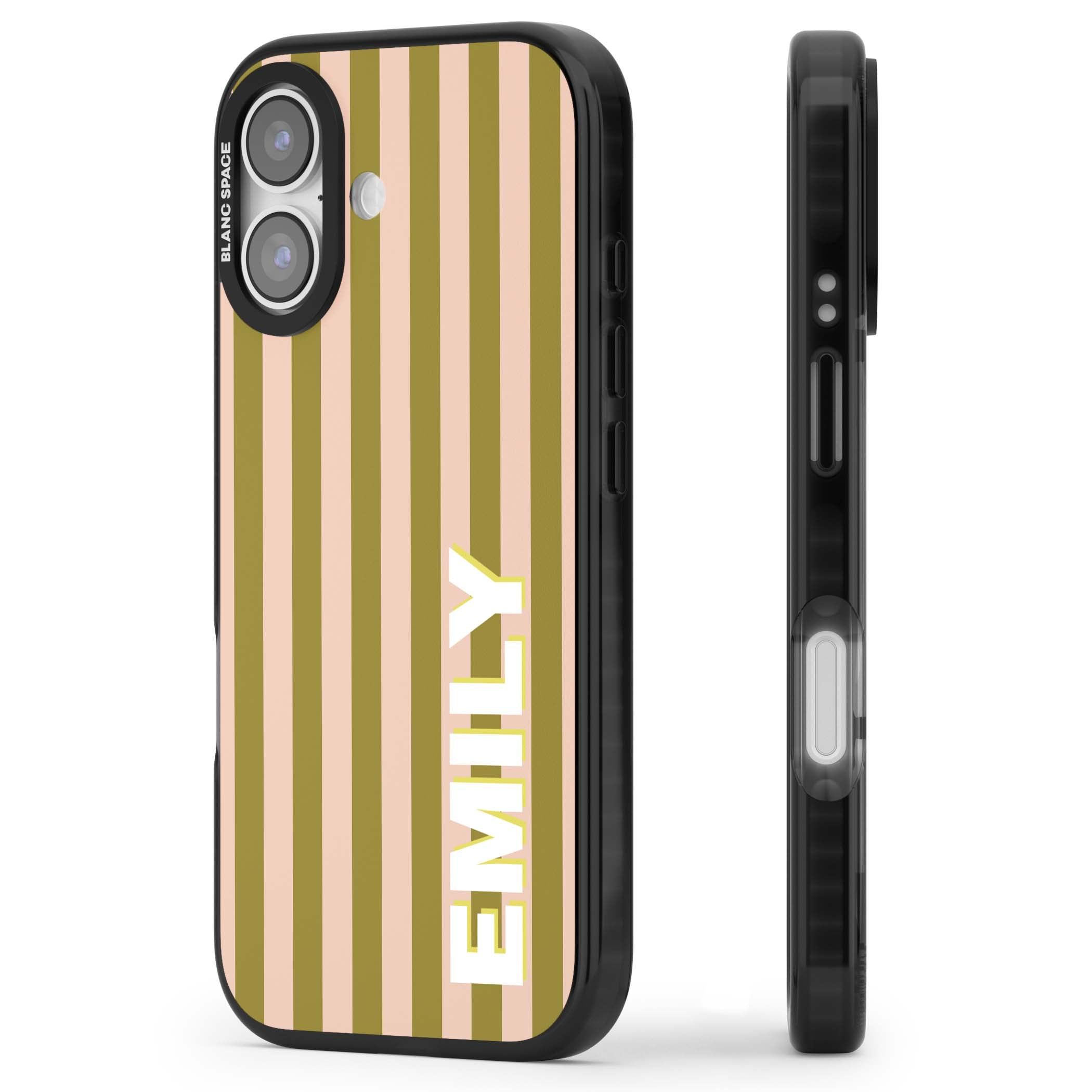 Indian Stripe personalised iPhone case featuring olive green and blush pink vertical stripes with custom name in whit | Black Impact Magsafe case for iPhone 17
