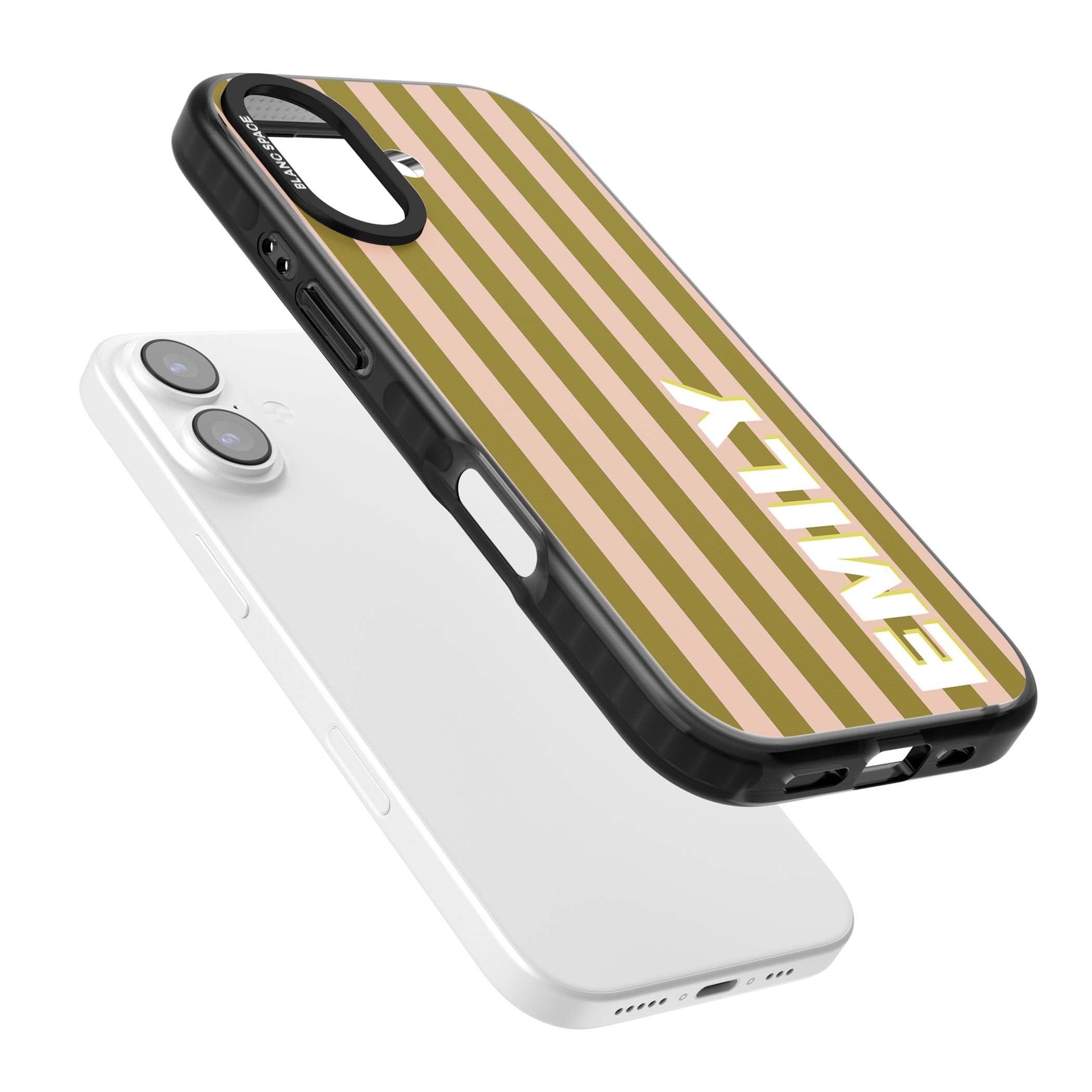 Indian Stripe personalised iPhone case featuring olive green and blush pink vertical stripes with custom name in whit | Black Impact Magsafe case for iPhone 17