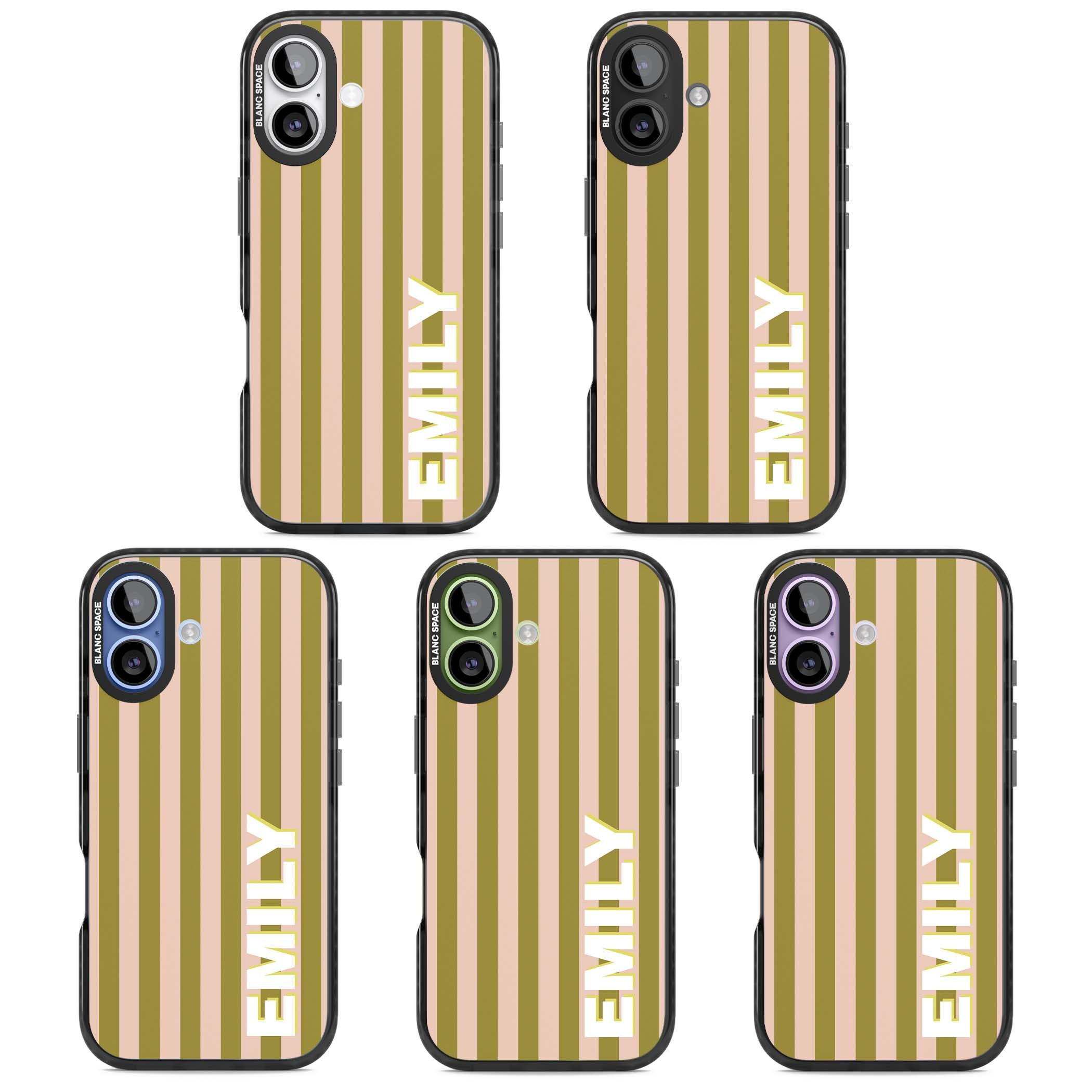 Indian Stripe personalised iPhone case featuring olive green and blush pink vertical stripes with custom name in whit | Black Impact Magsafe case for iPhone 17