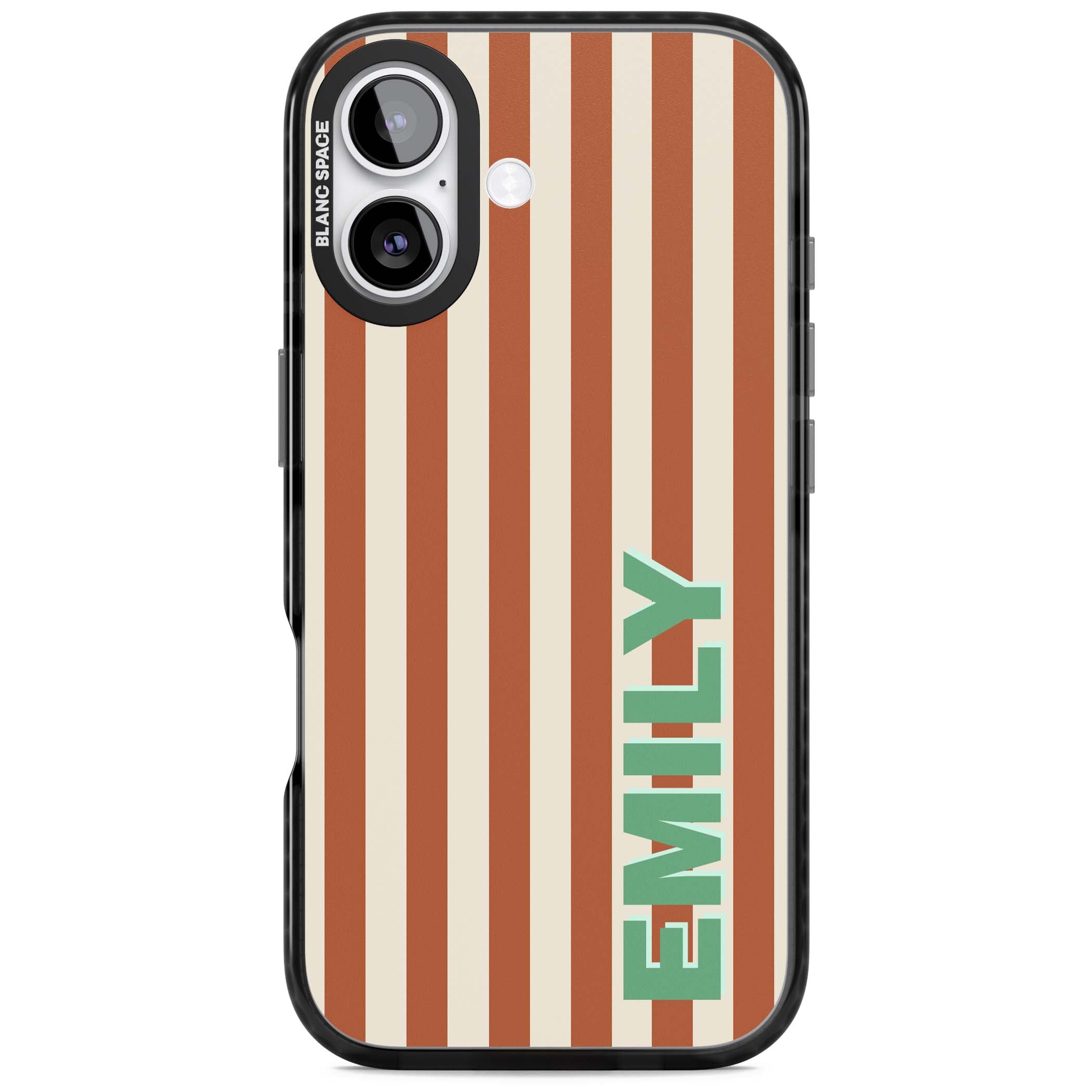 Dune Stripe personalised iPhone case with rust and cream vertical stripes and custom name in mint green | Black Impact Magsafe case for iPhone 17