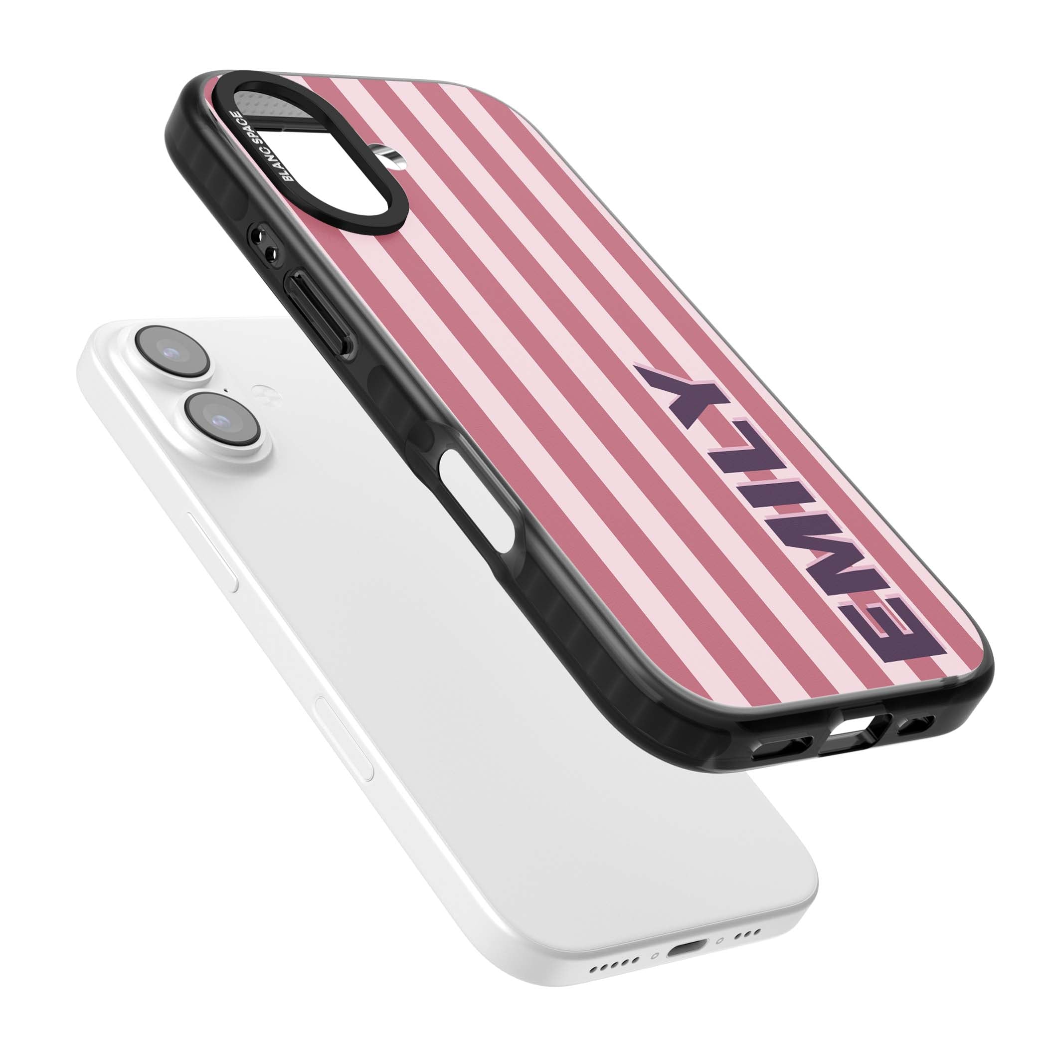 Victoria Stripe personalised iPhone case featuring pink vertical stripes and custom name in bold plum lettering | Black Impact Magsafe case for iPhone 17
