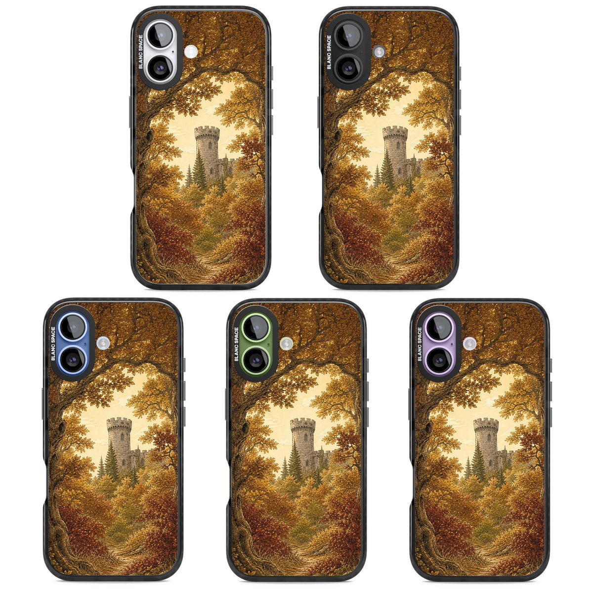 Autumn Keep cottagecore iPhone case featuring a medieval castle tower framed by golden autumn trees and woodland foliage | Black Impact Magsafe case for iPhone 17