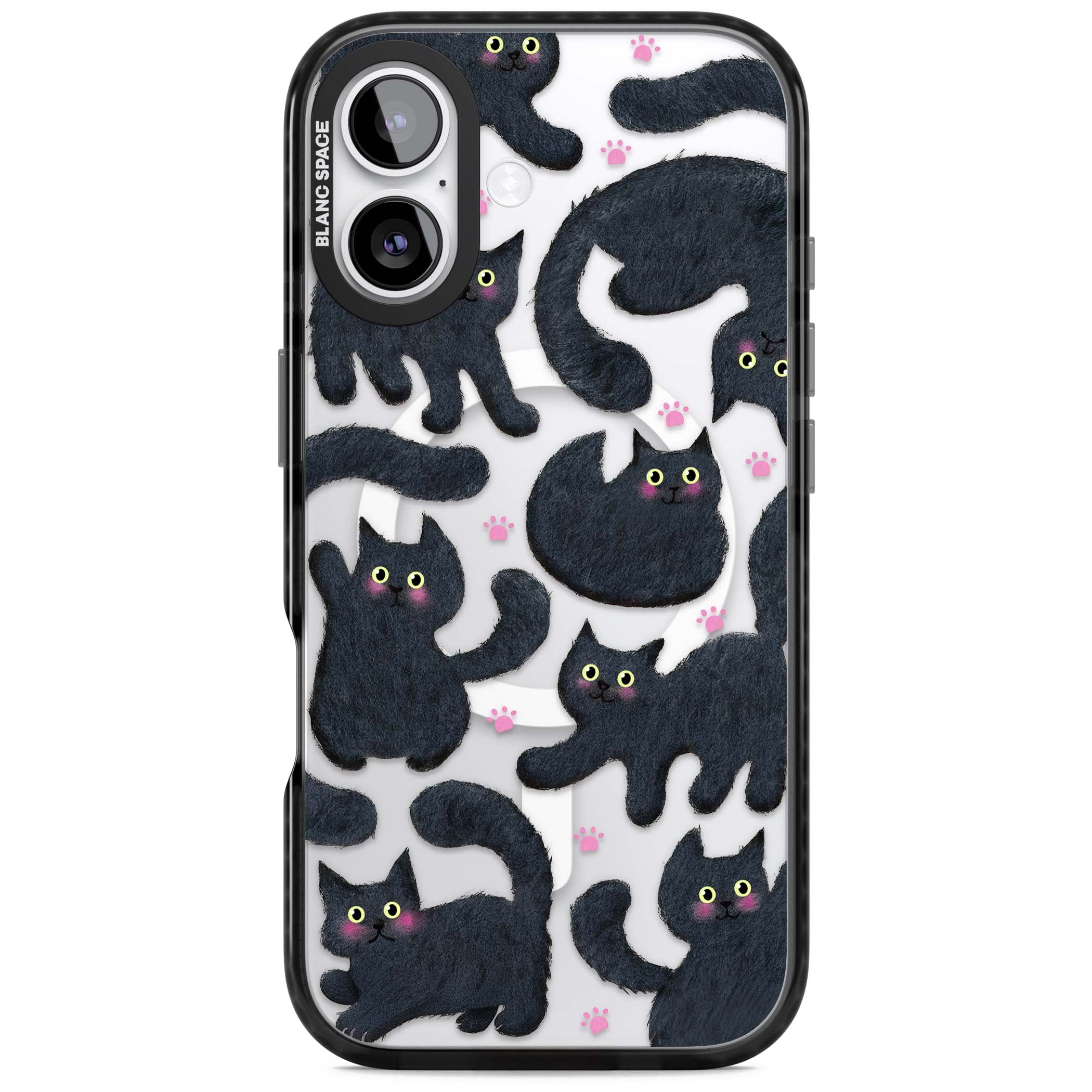 Midnight Cats cute iPhone case featuring black cat pattern with yellow eyes and pink paw prints | Black Impact Magsafe case for iPhone 17