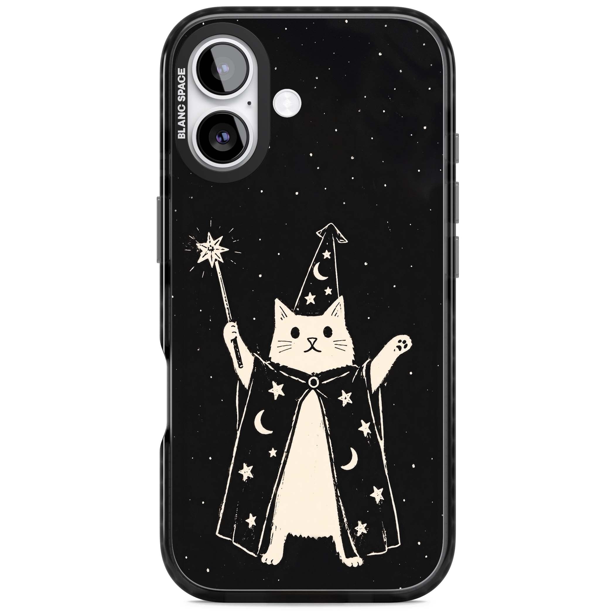 Whisker Wizard celestial cat iPhone case featuring a wizard cat with magic wand, starry night sky and crescent moons | Black Impact Magsafe case for iPhone 17
