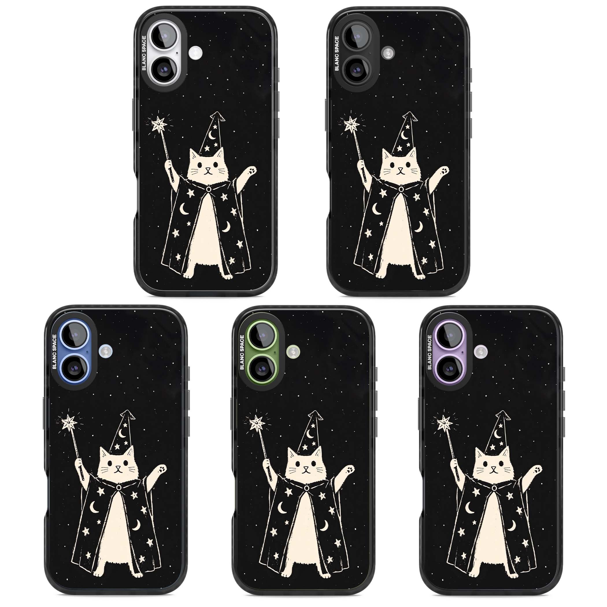 Whisker Wizard celestial cat iPhone case featuring a wizard cat with magic wand, starry night sky and crescent moons | Black Impact Magsafe case for iPhone 17
