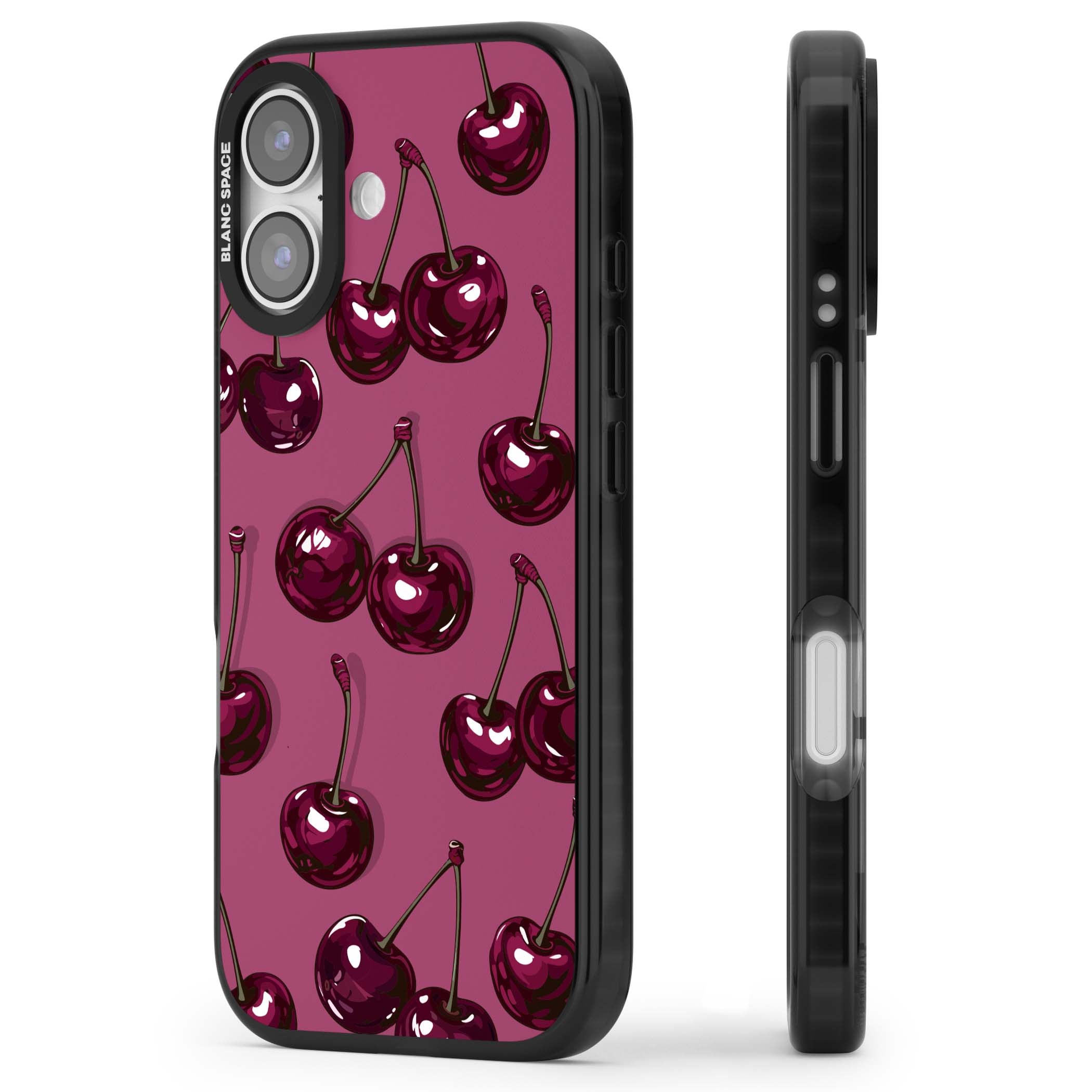 Cherry Soda coquette iPhone case featuring glossy burgundy cherries on a dusty pink background | Black Impact Magsafe case for iPhone 17
