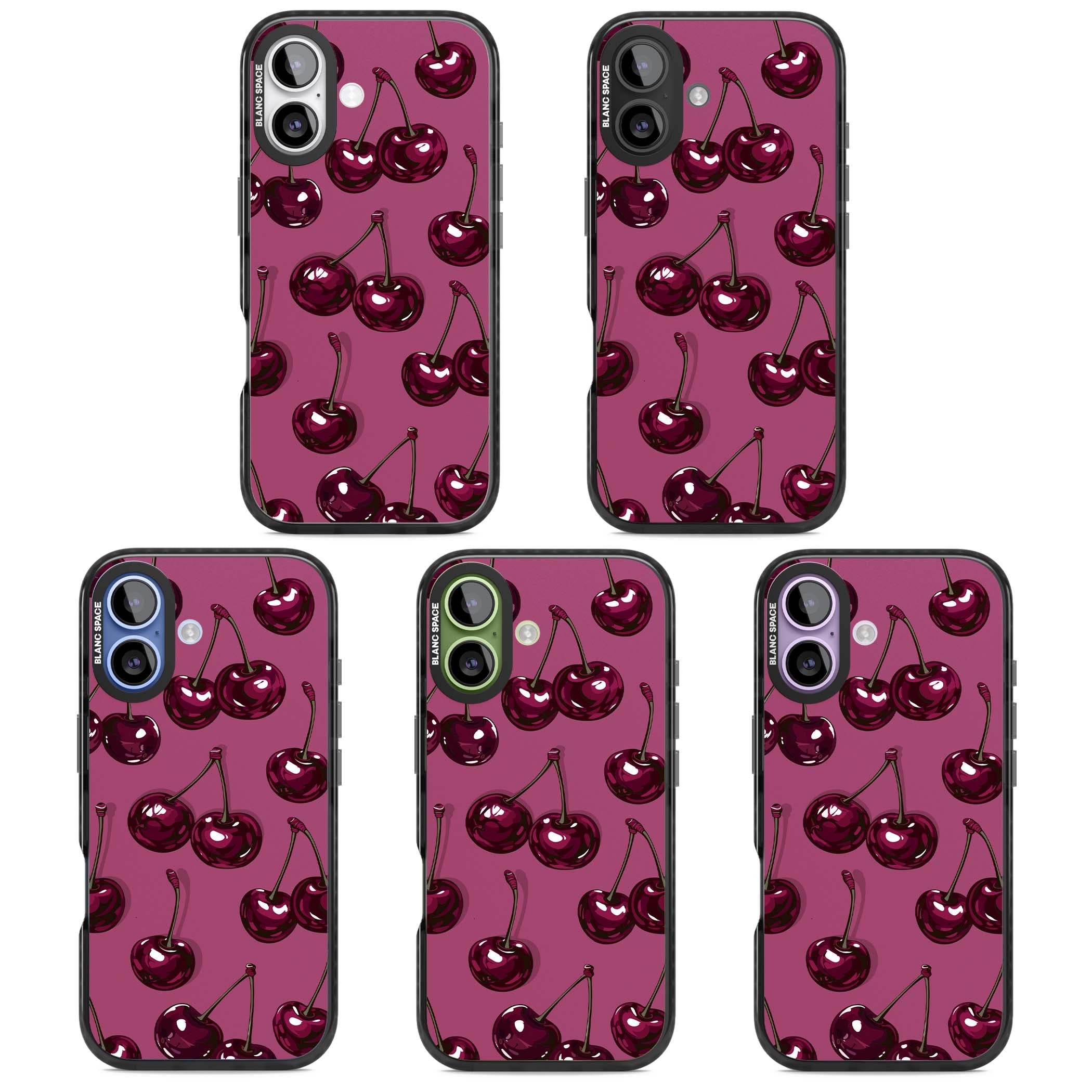 Cherry Soda coquette iPhone case featuring glossy burgundy cherries on a dusty pink background | Black Impact Magsafe case for iPhone 17