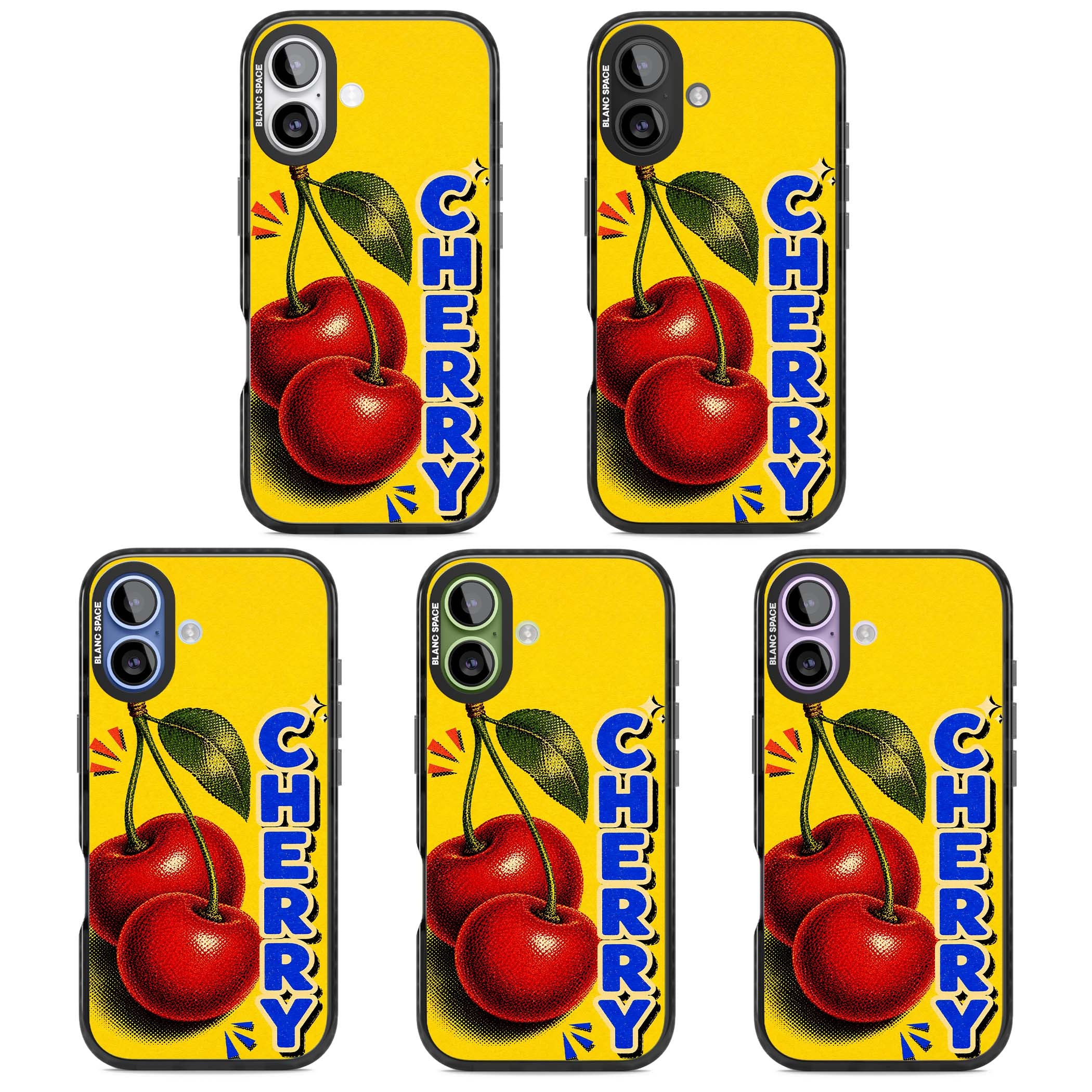 Cherry Yellow y2k iPhone case featuring two red cherries, halftone shading and bold blue CHERRY lettering on yellow | Black Impact Magsafe case for iPhone 17