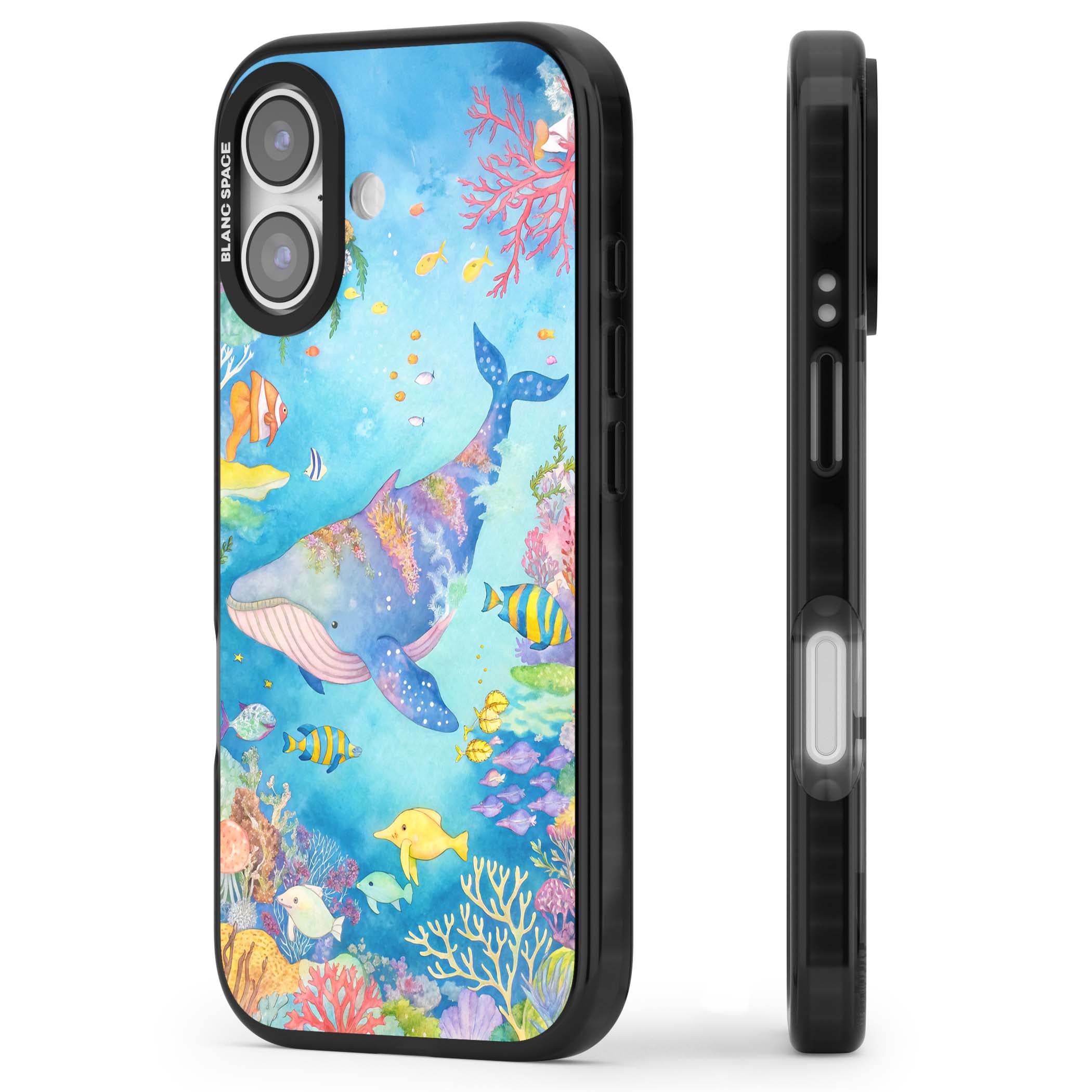 Coral Lagoon ocean iPhone case featuring a watercolour whale, coral reef and tropical fish | Black Impact Magsafe case for iPhone 17