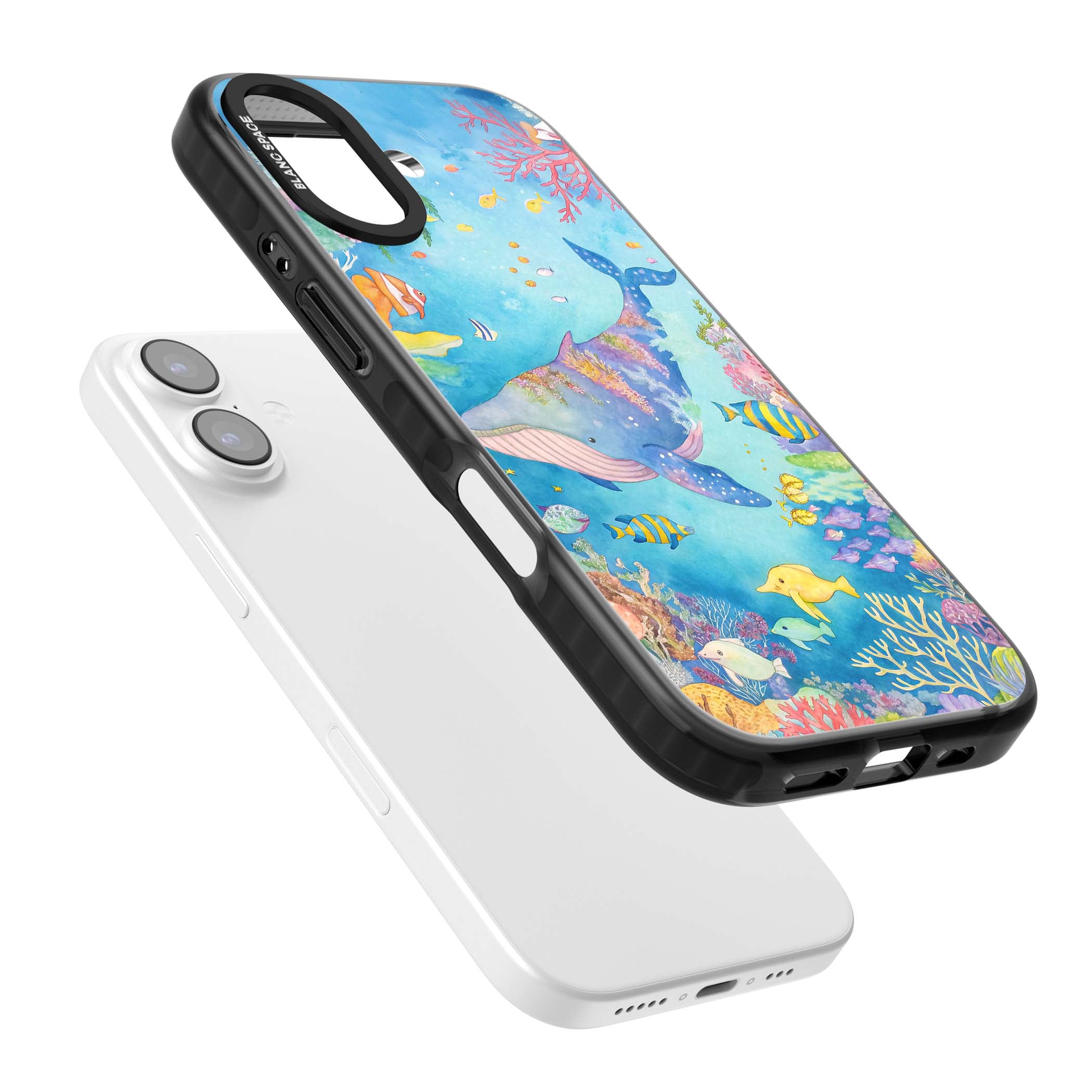 Coral Lagoon ocean iPhone case featuring a watercolour whale, coral reef and tropical fish | Black Impact Magsafe case for iPhone 17