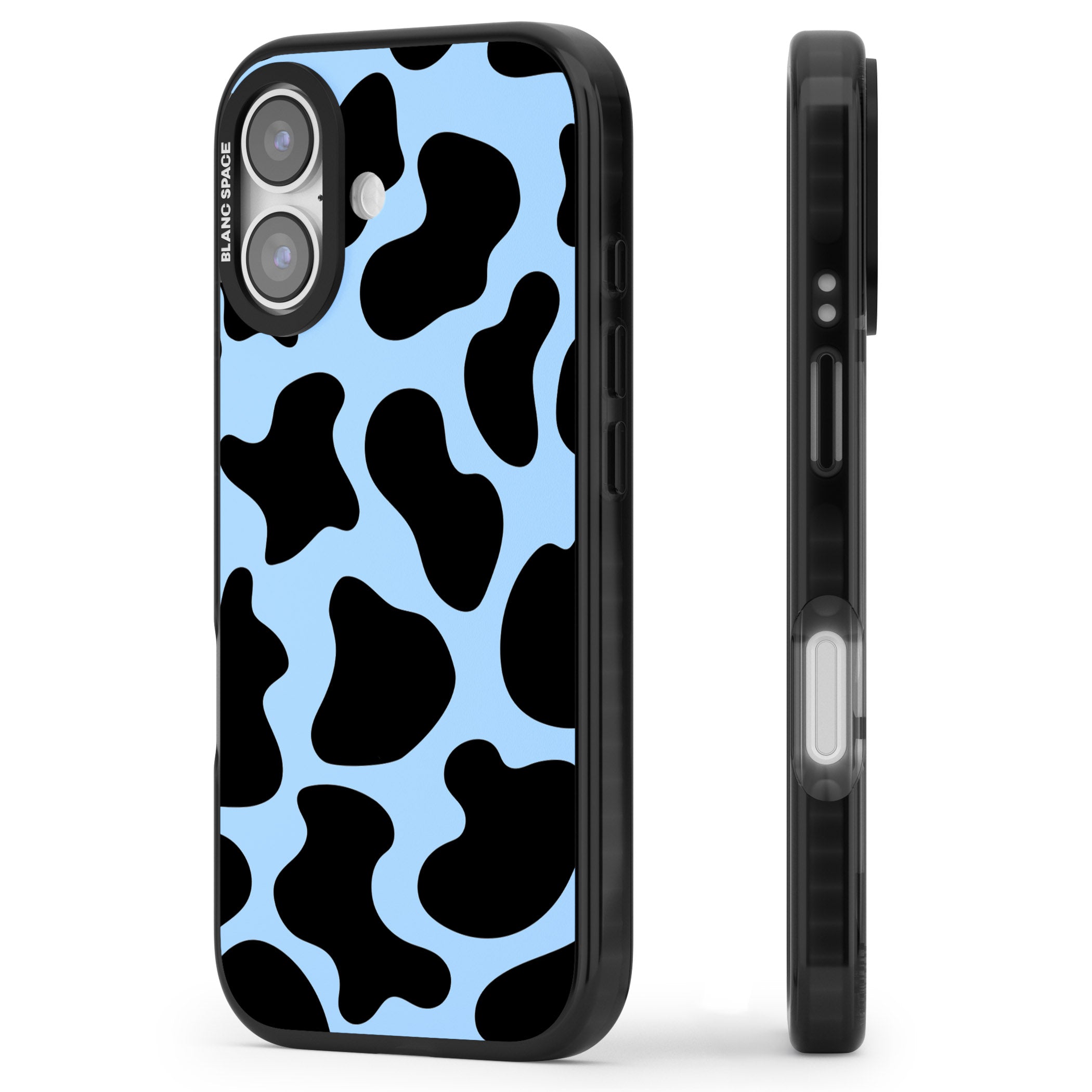 Blue And Black Cow Print iPhone 17 Impact Pro Black Phone Case Side Profile