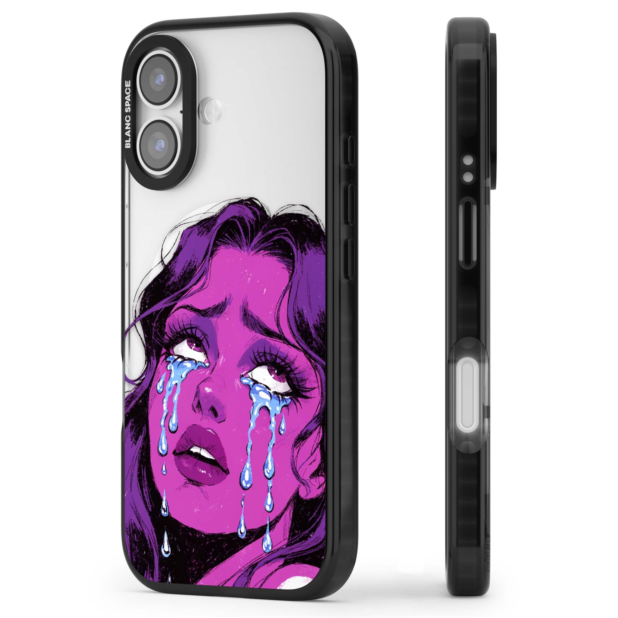 Drama Queen pop art iPhone case featuring a purple crying comic girl with blue tears | Black Impact Magsafe case for iPhone 17