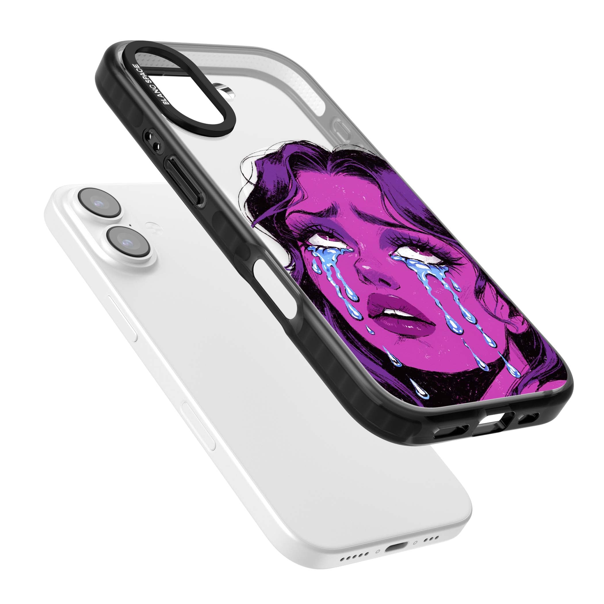 Drama Queen pop art iPhone case featuring a purple crying comic girl with blue tears | Black Impact Magsafe case for iPhone 17