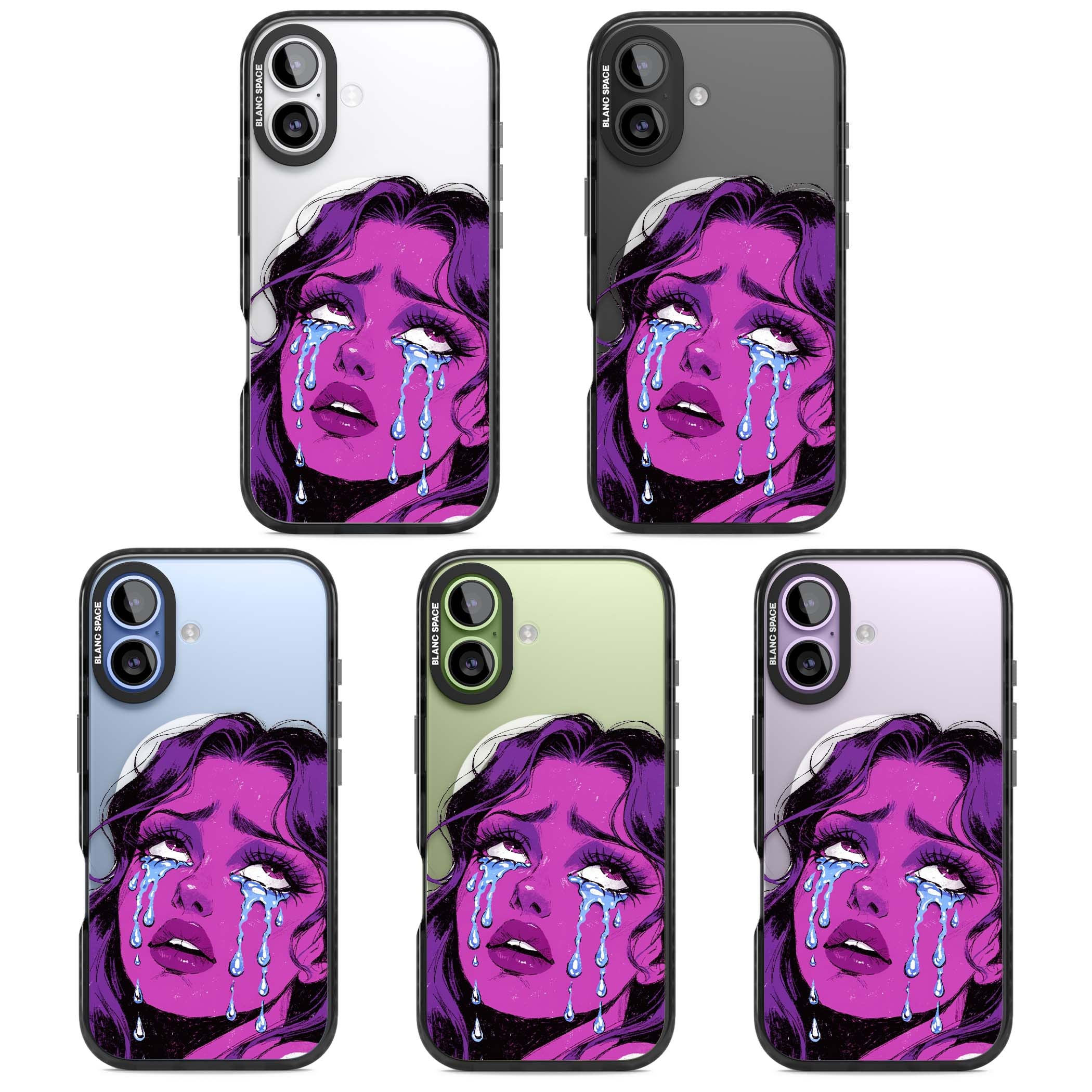 Drama Queen pop art iPhone case featuring a purple crying comic girl with blue tears | Black Impact Magsafe case for iPhone 17