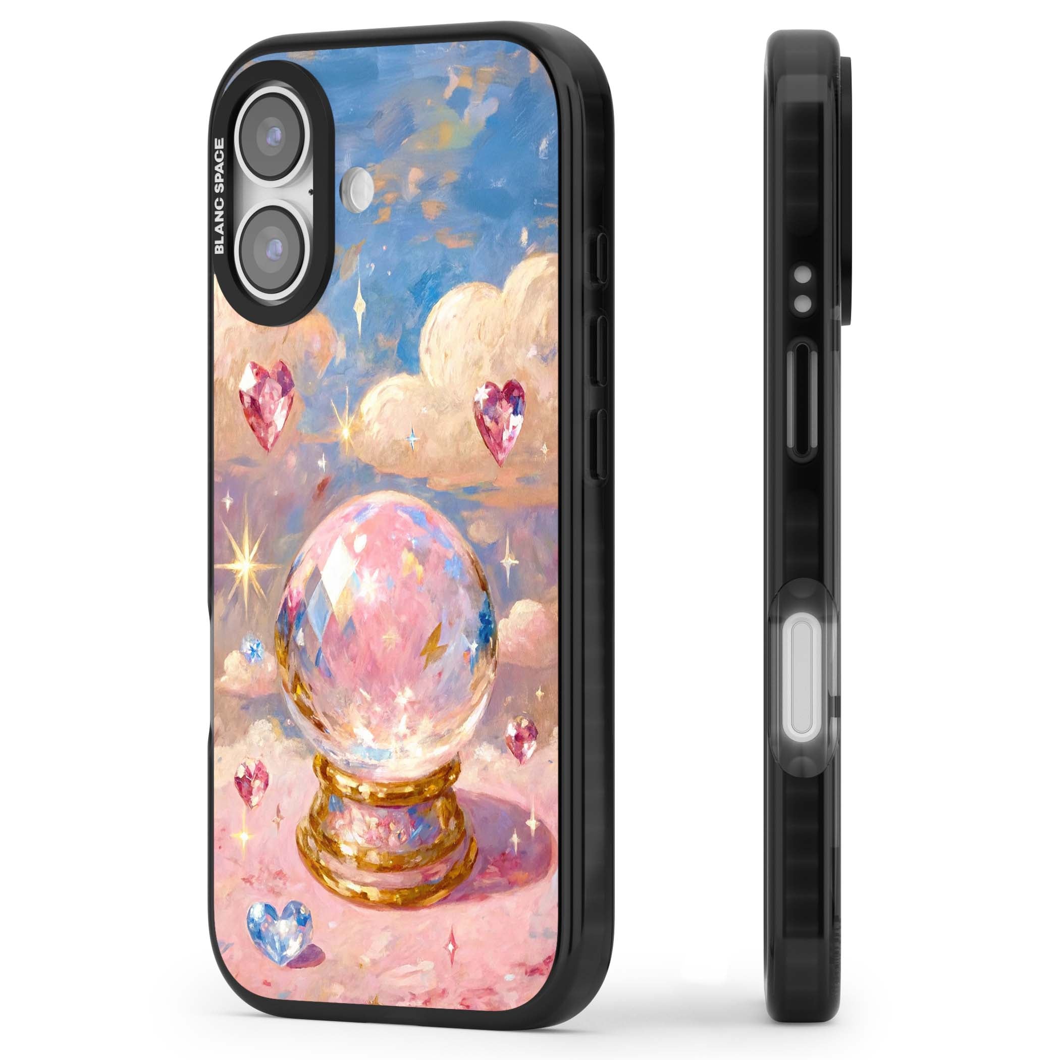 Crystal Ball fairycore iPhone case featuring a painted crystal ball, heart gemstones, and pastel clouds | Black Impact Magsafe case for iPhone 17